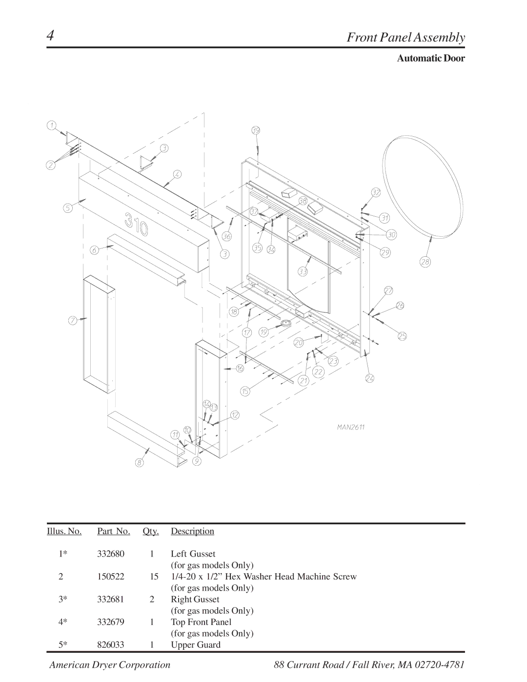 American Dryer Corp ML-310 manual Front Panel Assembly, Automatic Door 