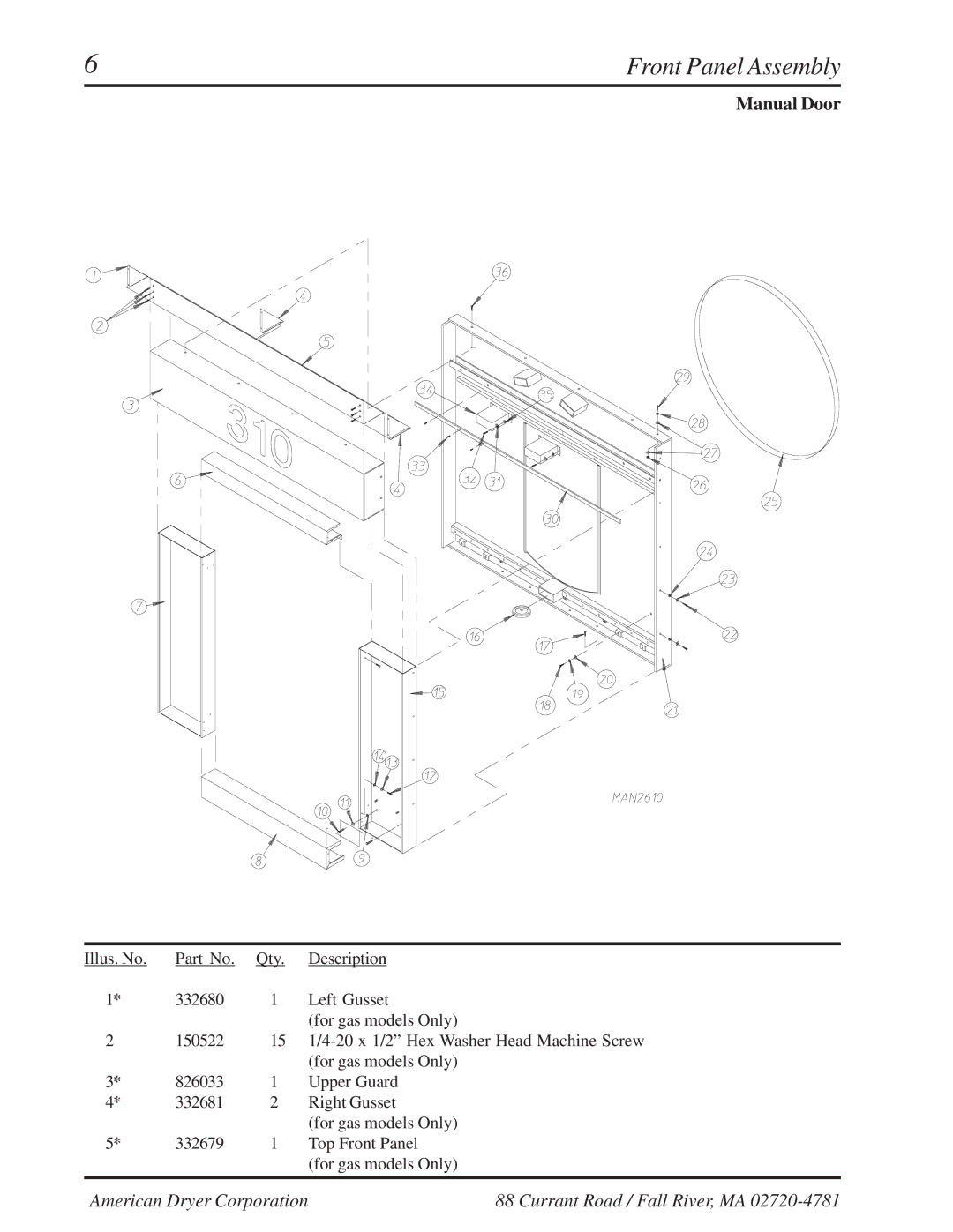 American Dryer Corp ML-310 manual Manual Door 