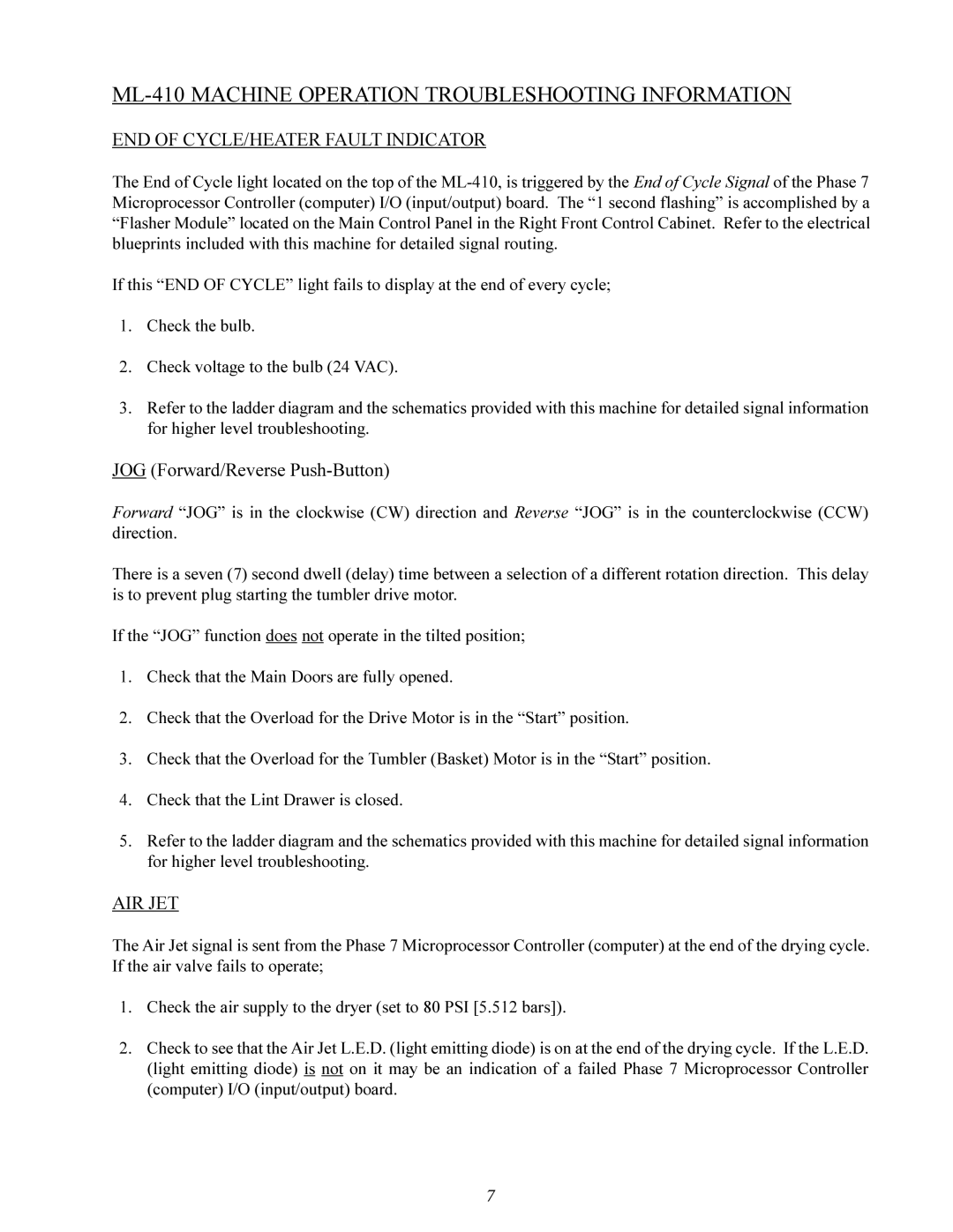 American Dryer Corp ML-410 Machine Operation Troubleshooting Information, END of CYCLE/HEATER Fault Indicator, Air Jet 