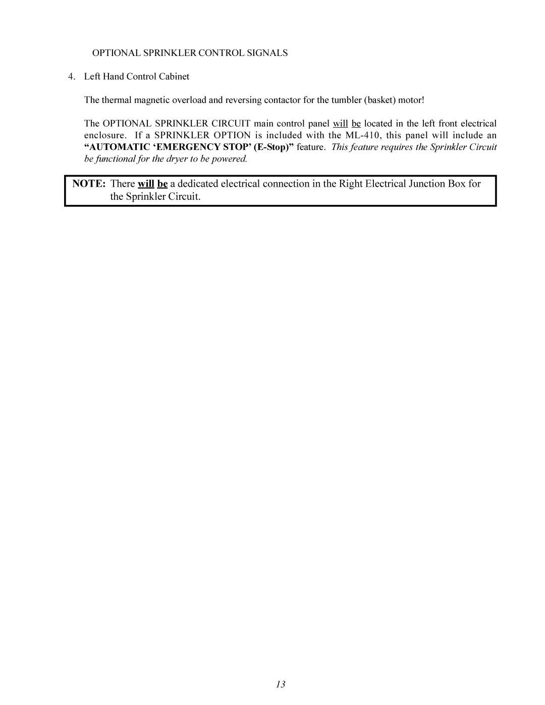 American Dryer Corp ML-410 manual Optional Sprinkler Control Signals 