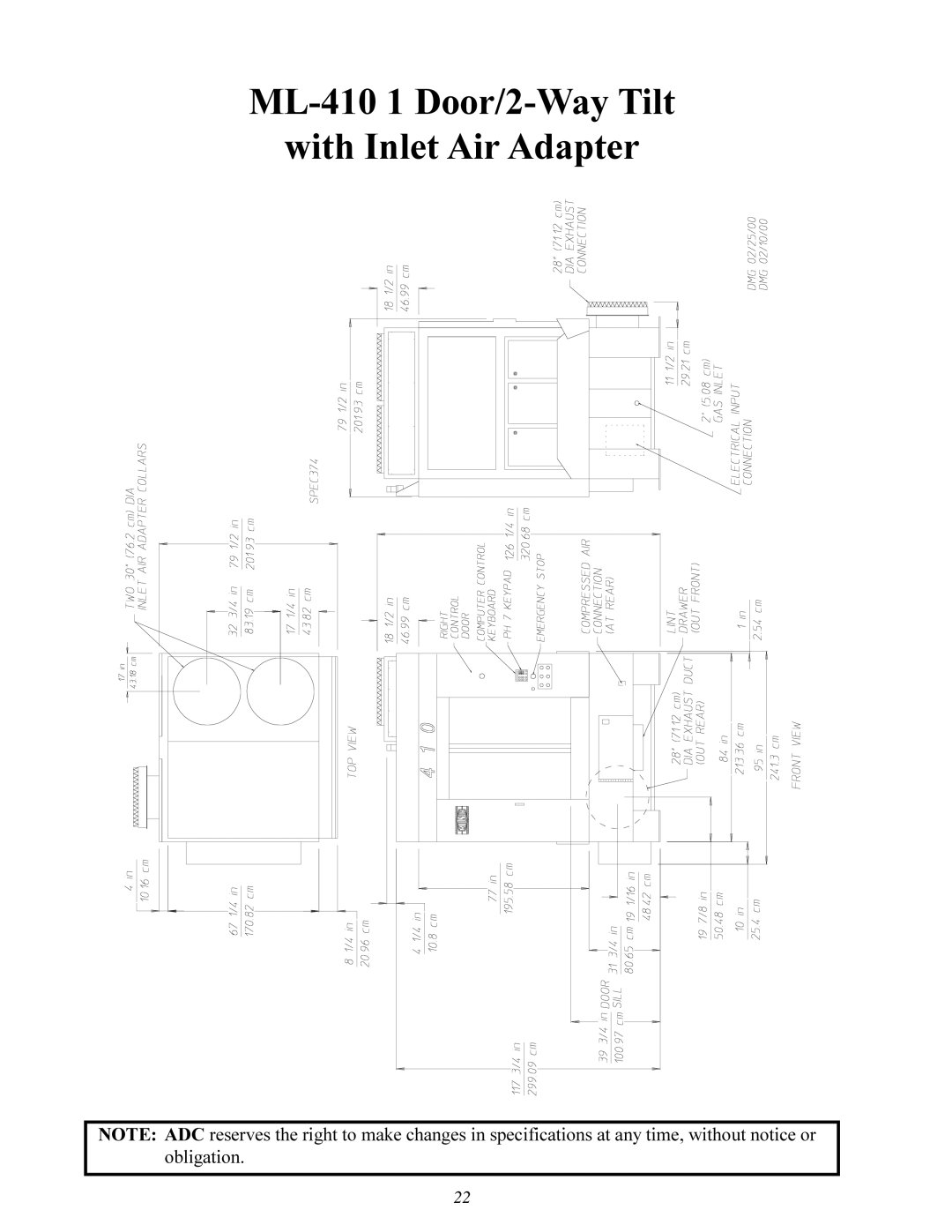 American Dryer Corp manual ML-410 1 Door/2-Way Tilt With Inlet Air Adapter 