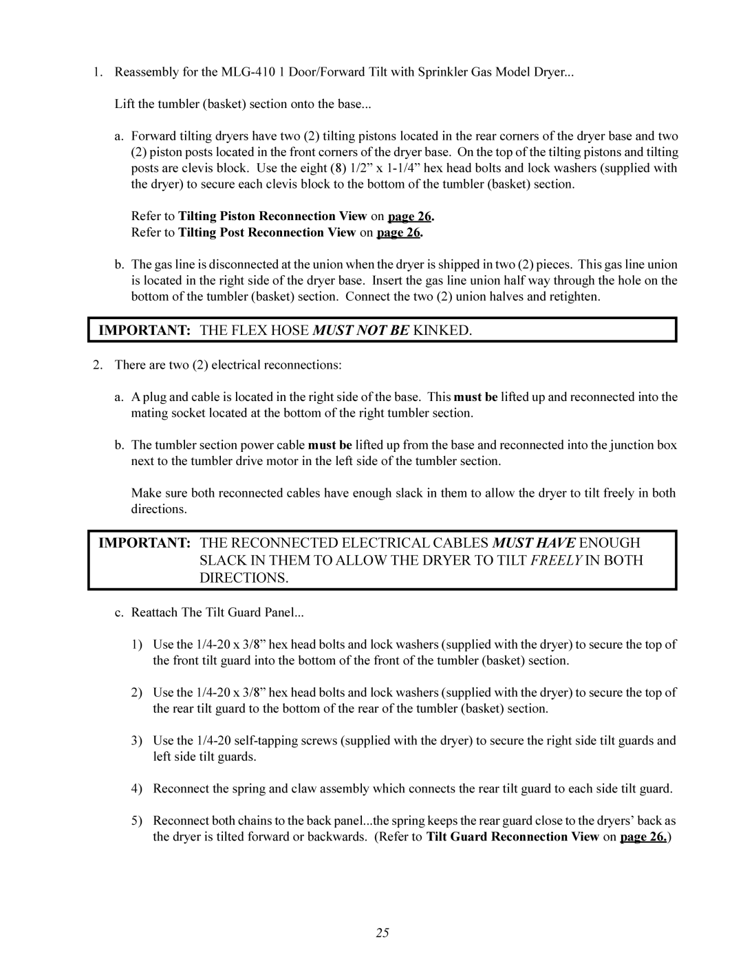 American Dryer Corp ML-410 manual Important the Flex Hose Must not be Kinked 