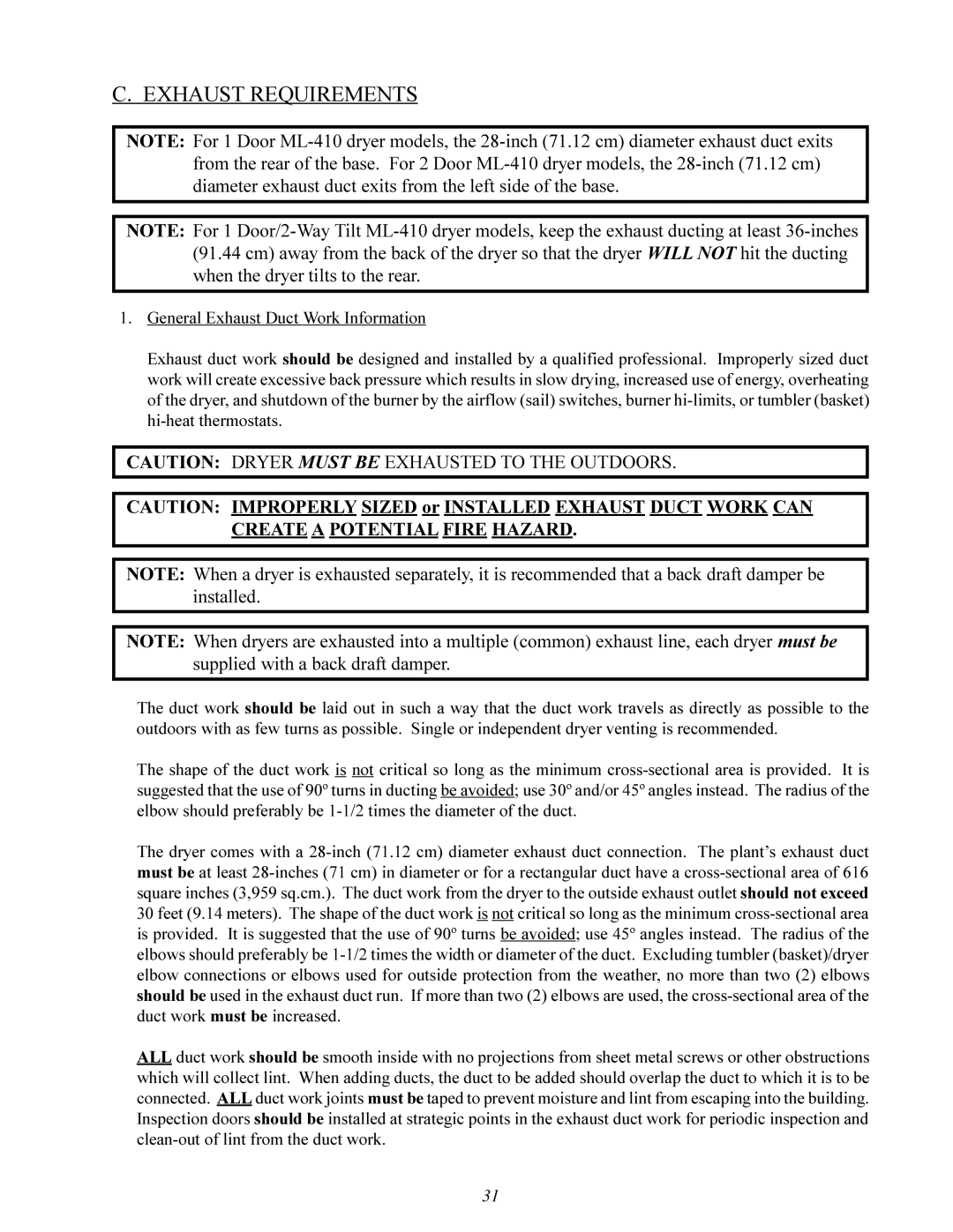 American Dryer Corp ML-410 manual Exhaust Requirements 