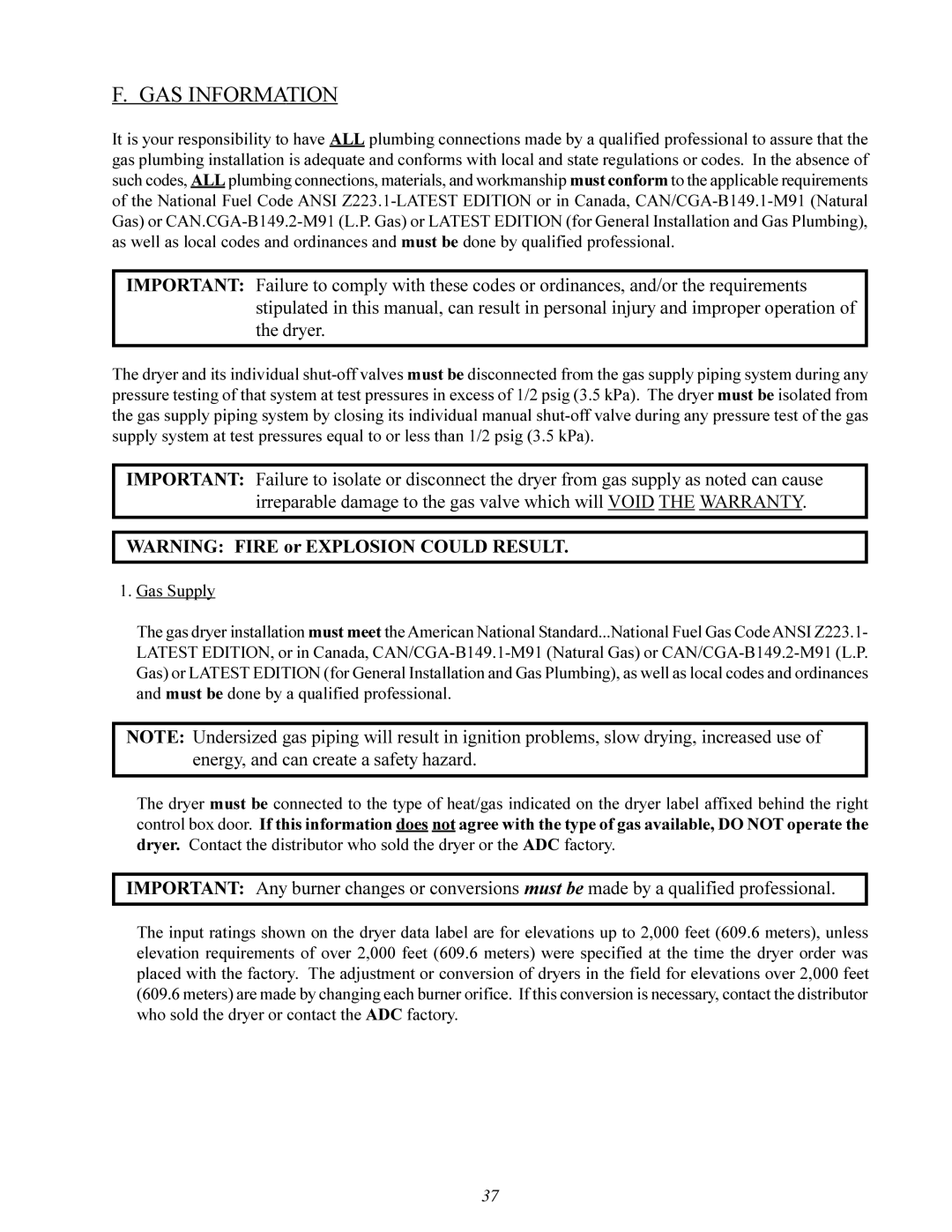 American Dryer Corp ML-410 manual GAS Information 