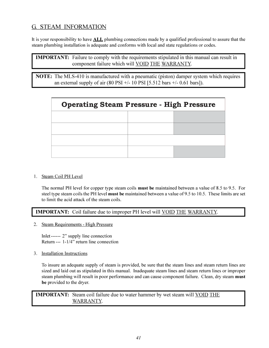 American Dryer Corp ML-410 manual Steam Information, Steam Requirements High Pressure 