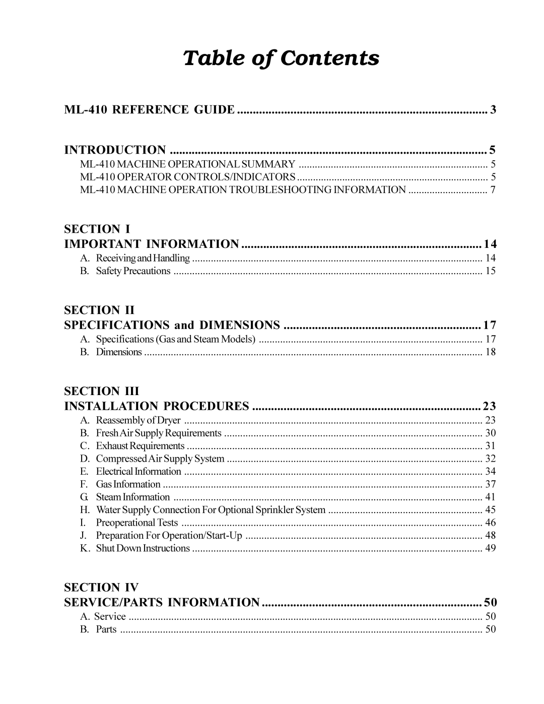 American Dryer Corp ML-410 manual Table of Contents 