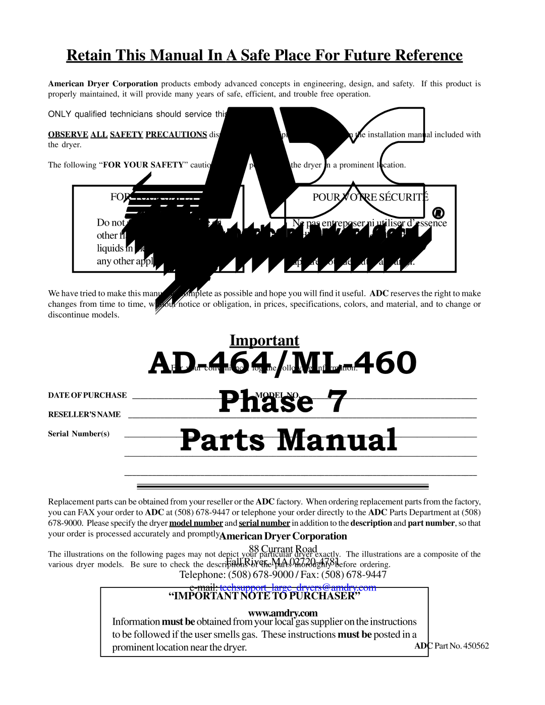 American Dryer Corp ML-460 manual Retain This Manual In a Safe Place For Future Reference 