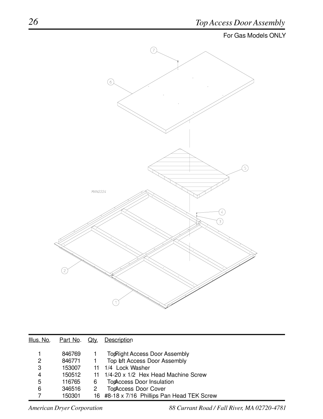 American Dryer Corp ML-460 manual Top Access Door Assembly, For Gas Models only 