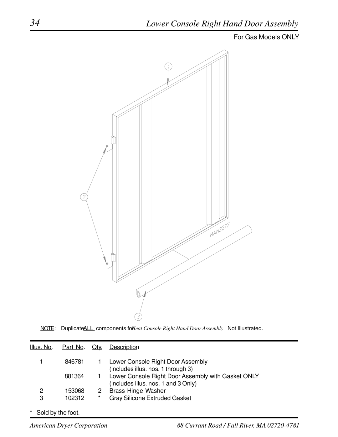 American Dryer Corp ML-460 manual Lower Console Right Hand Door Assembly 