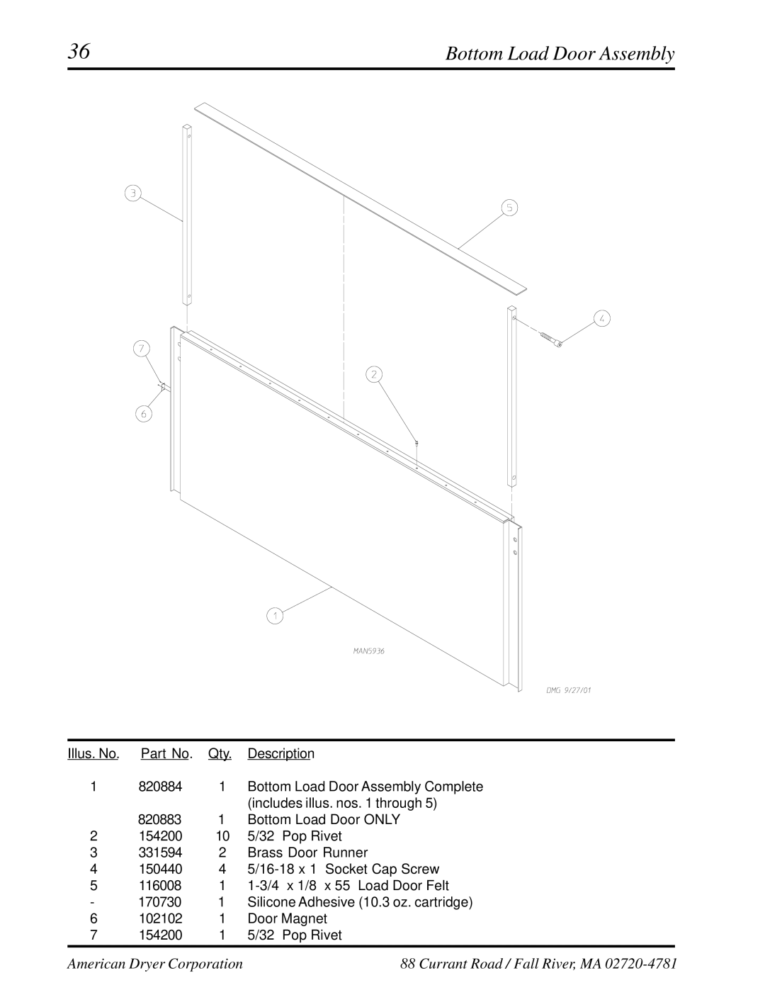 American Dryer Corp ML-460 manual Bottom Load Door Assembly 