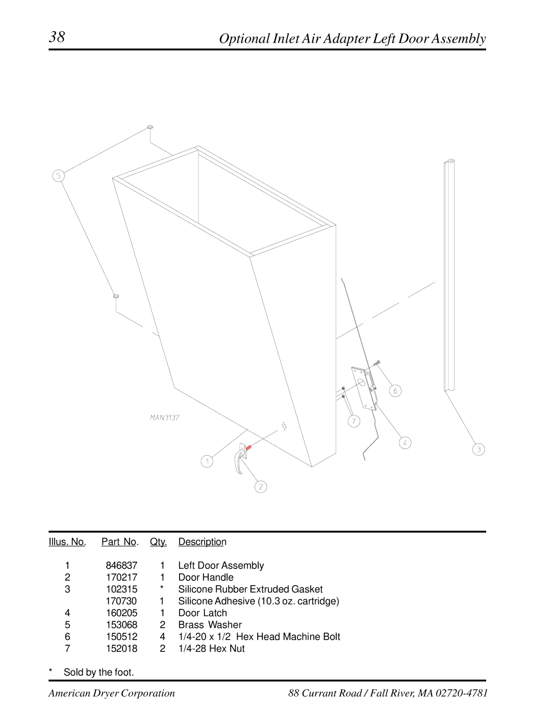 American Dryer Corp ML-460 manual Optional Inlet Air Adapter Left Door Assembly 