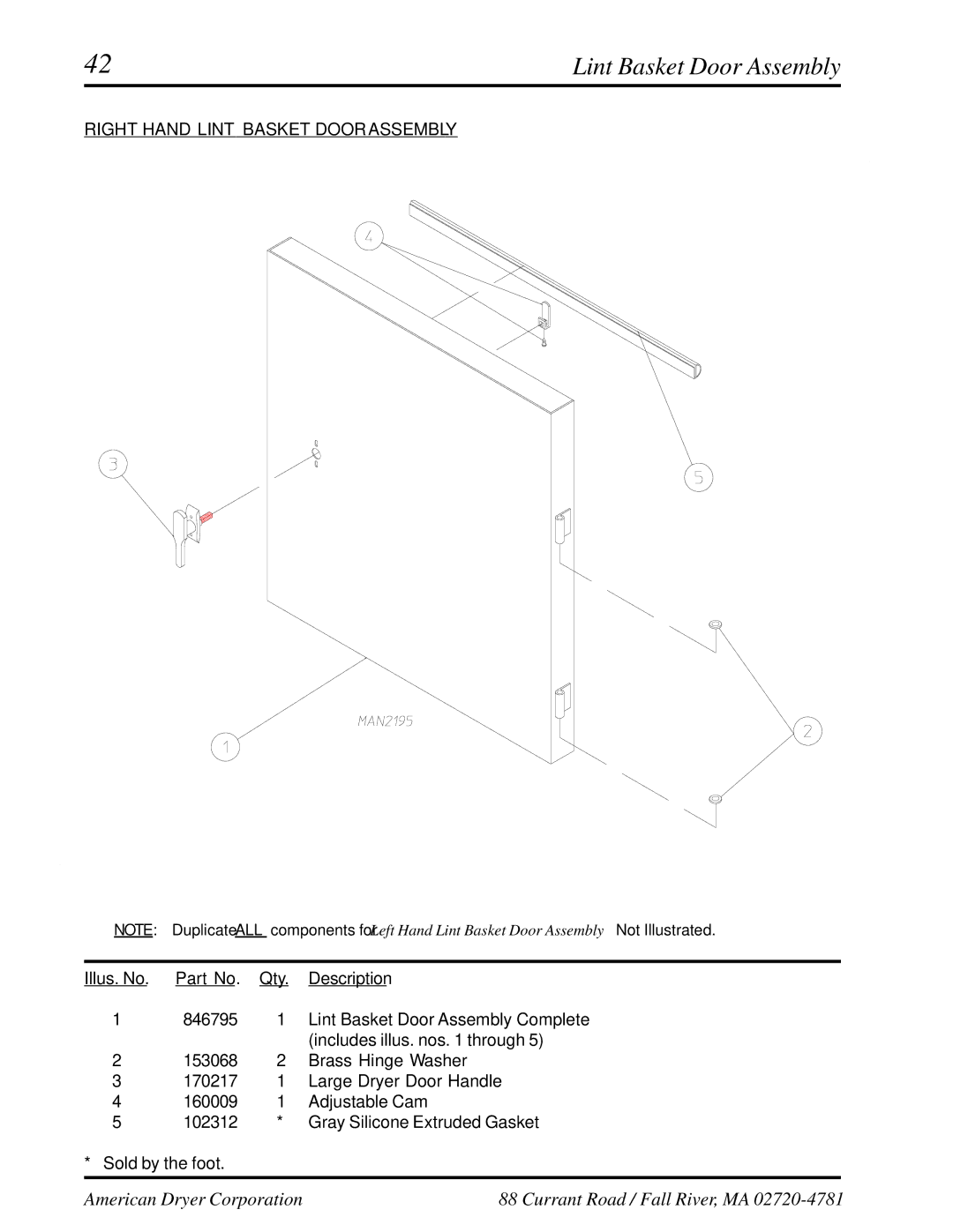 American Dryer Corp ML-460 manual Right Hand Lint Basket Door Assembly 