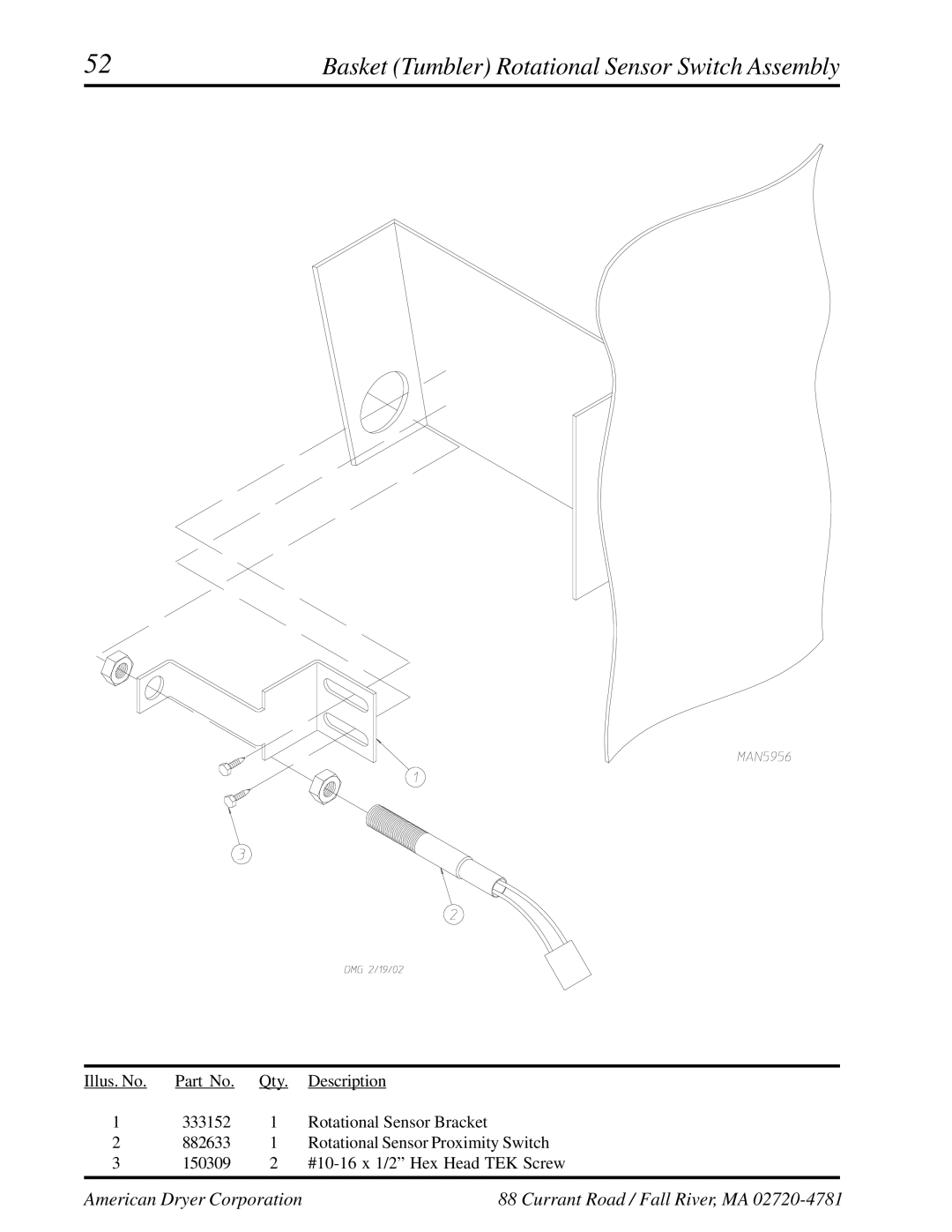 American Dryer Corp ML-460 manual Basket Tumbler Rotational Sensor Switch Assembly 