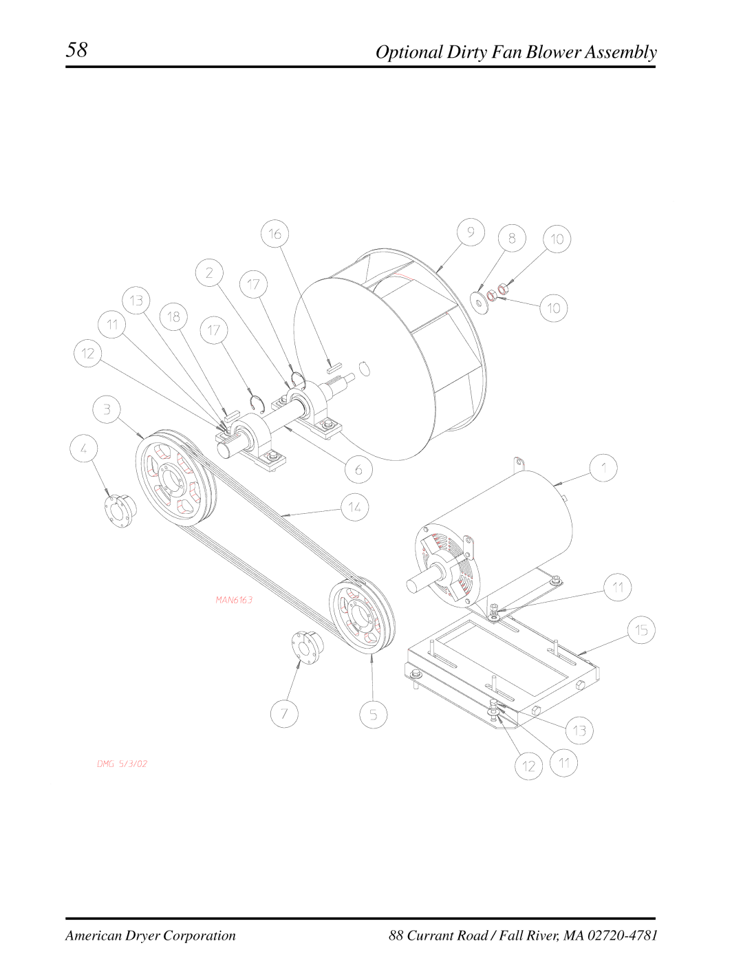 American Dryer Corp ML-460 manual Optional Dirty Fan Blower Assembly 