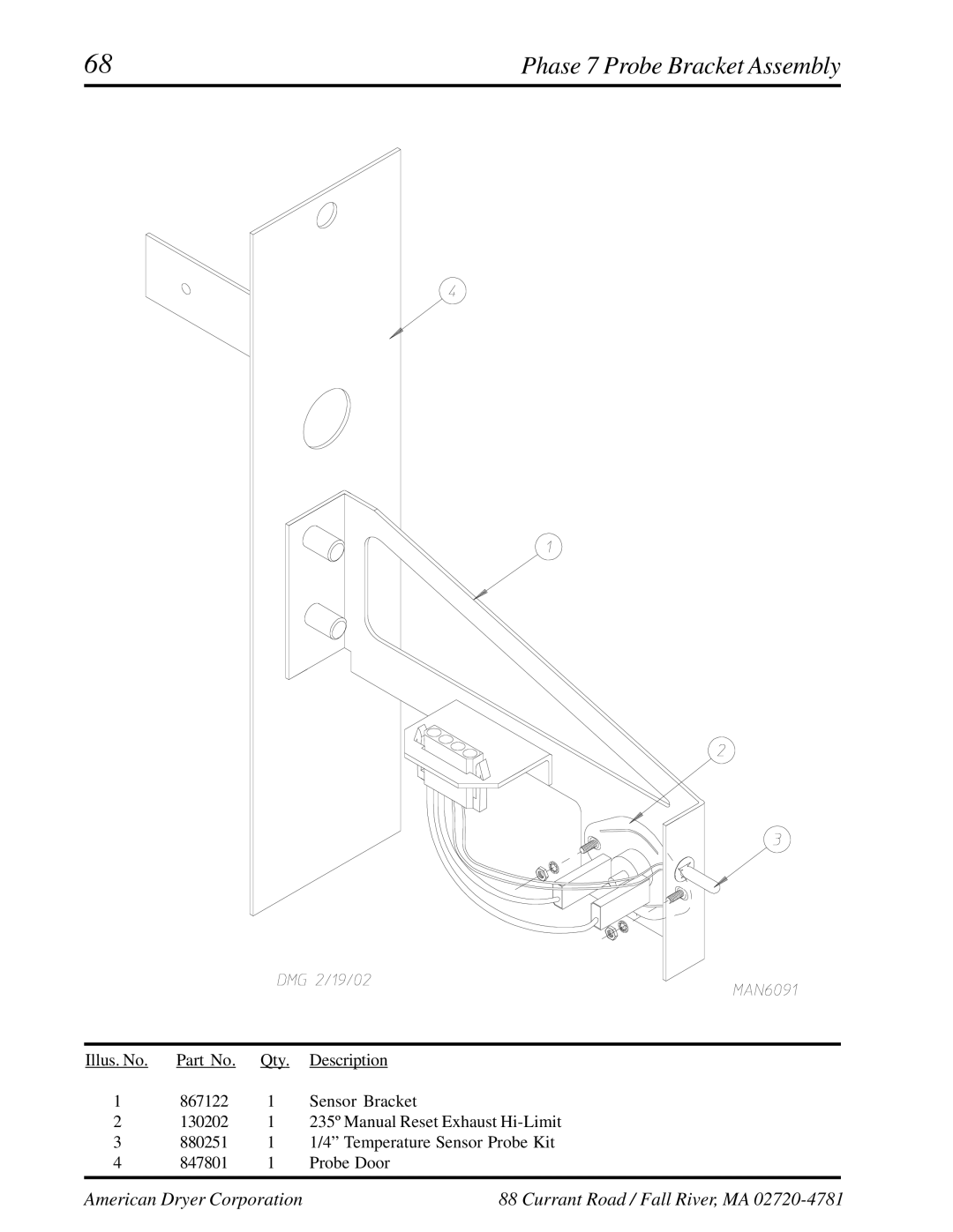 American Dryer Corp ML-460 manual Phase 7 Probe Bracket Assembly 