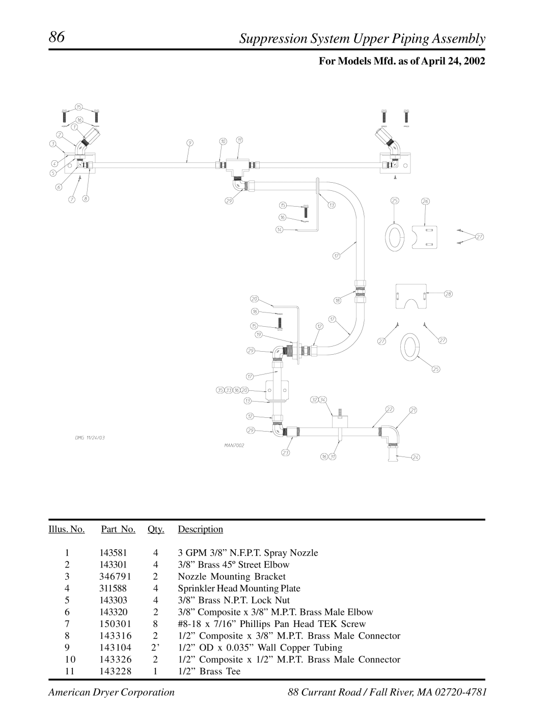 American Dryer Corp ML-460 manual Suppression System Upper Piping Assembly 