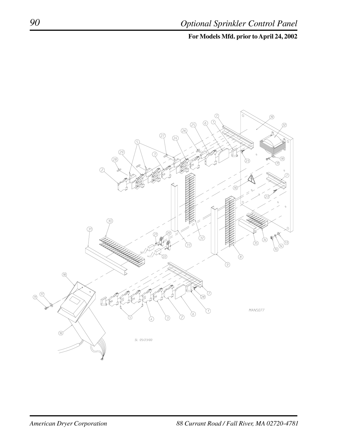 American Dryer Corp ML-460 manual Optional Sprinkler Control Panel 