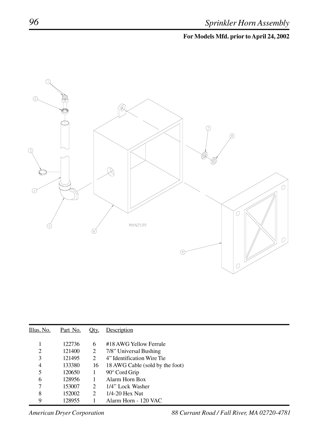 American Dryer Corp ML-460 manual Sprinkler Horn Assembly 