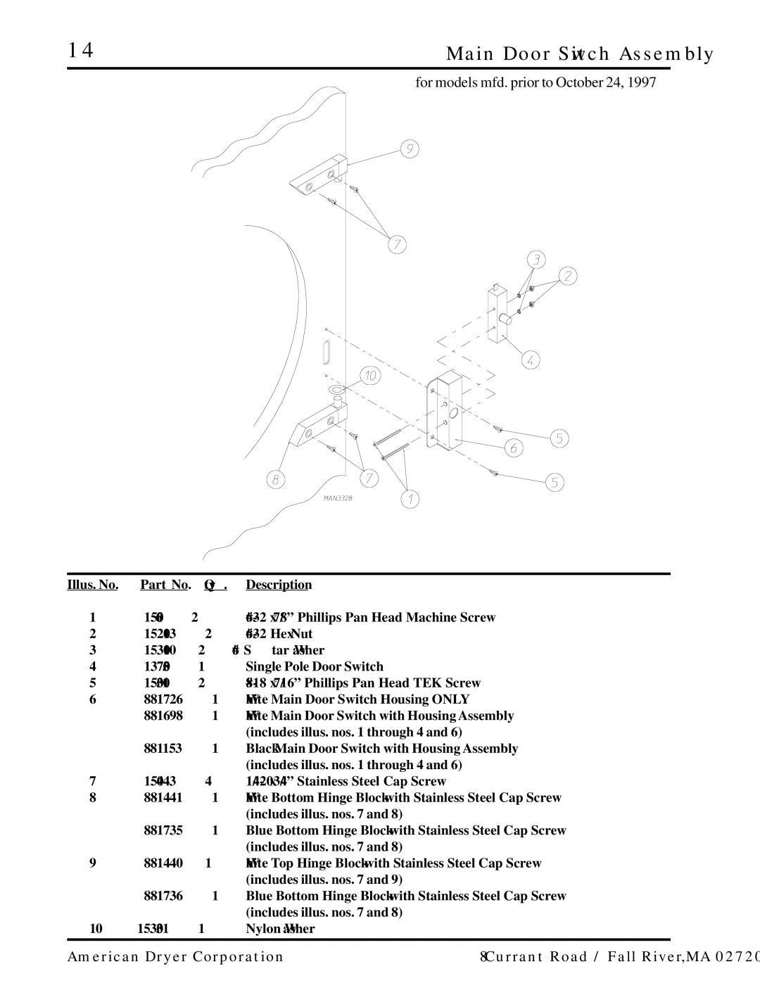 American Dryer Corp ML-55 manual Main Door Switch Assembly 