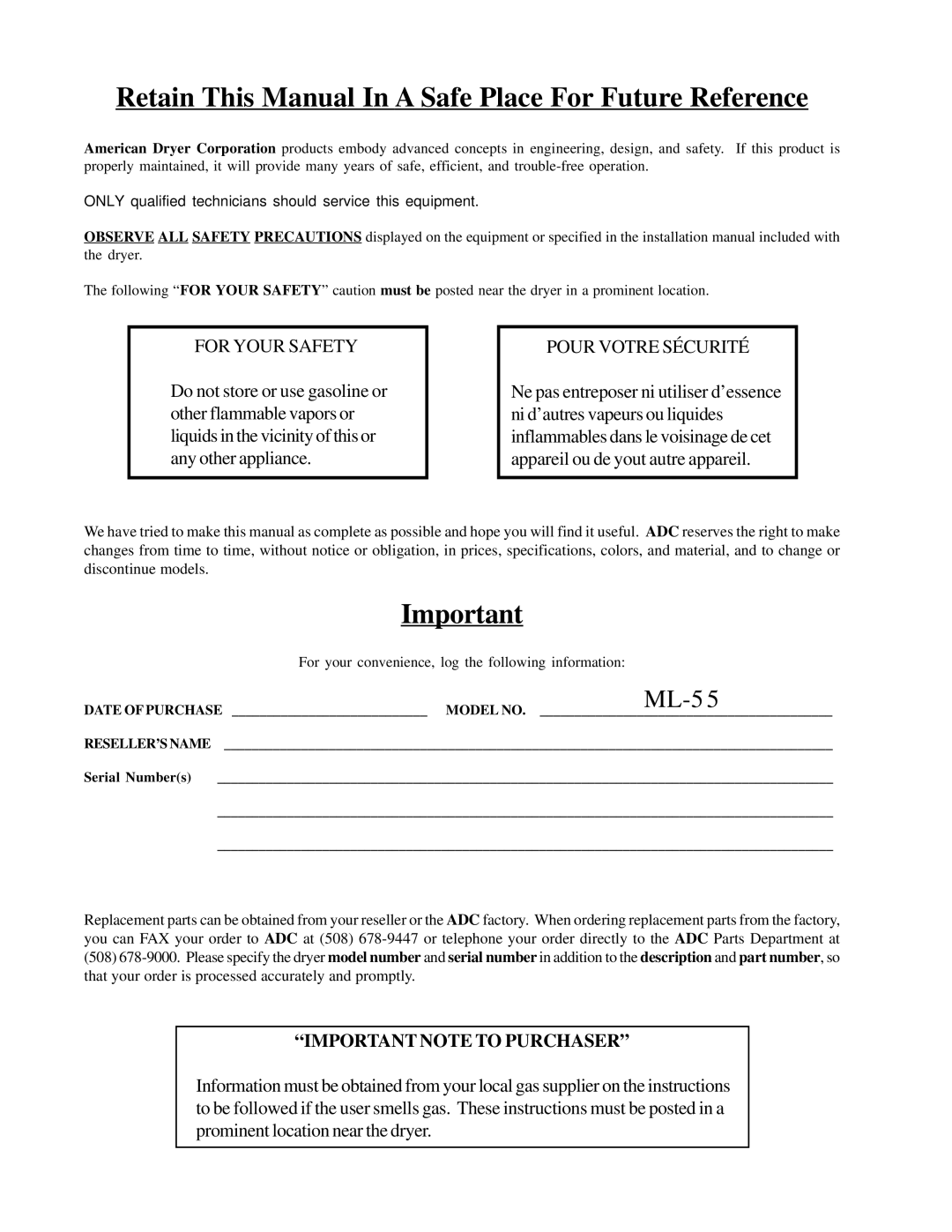 American Dryer Corp ML-55 manual Retain This Manual In a Safe Place For Future Reference 