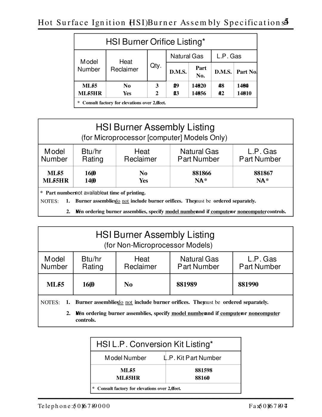 American Dryer Corp ML-55 manual HSI Burner Orifice Listing, Hot Surface Ignition HSI Burner Assembly Specifications 