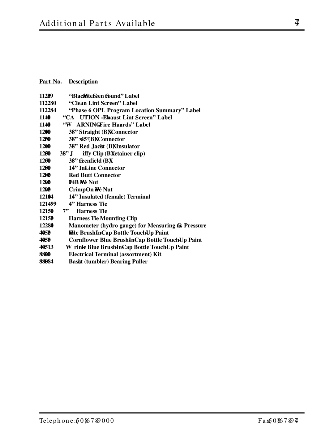 American Dryer Corp ML-55 manual Additional Parts Available 