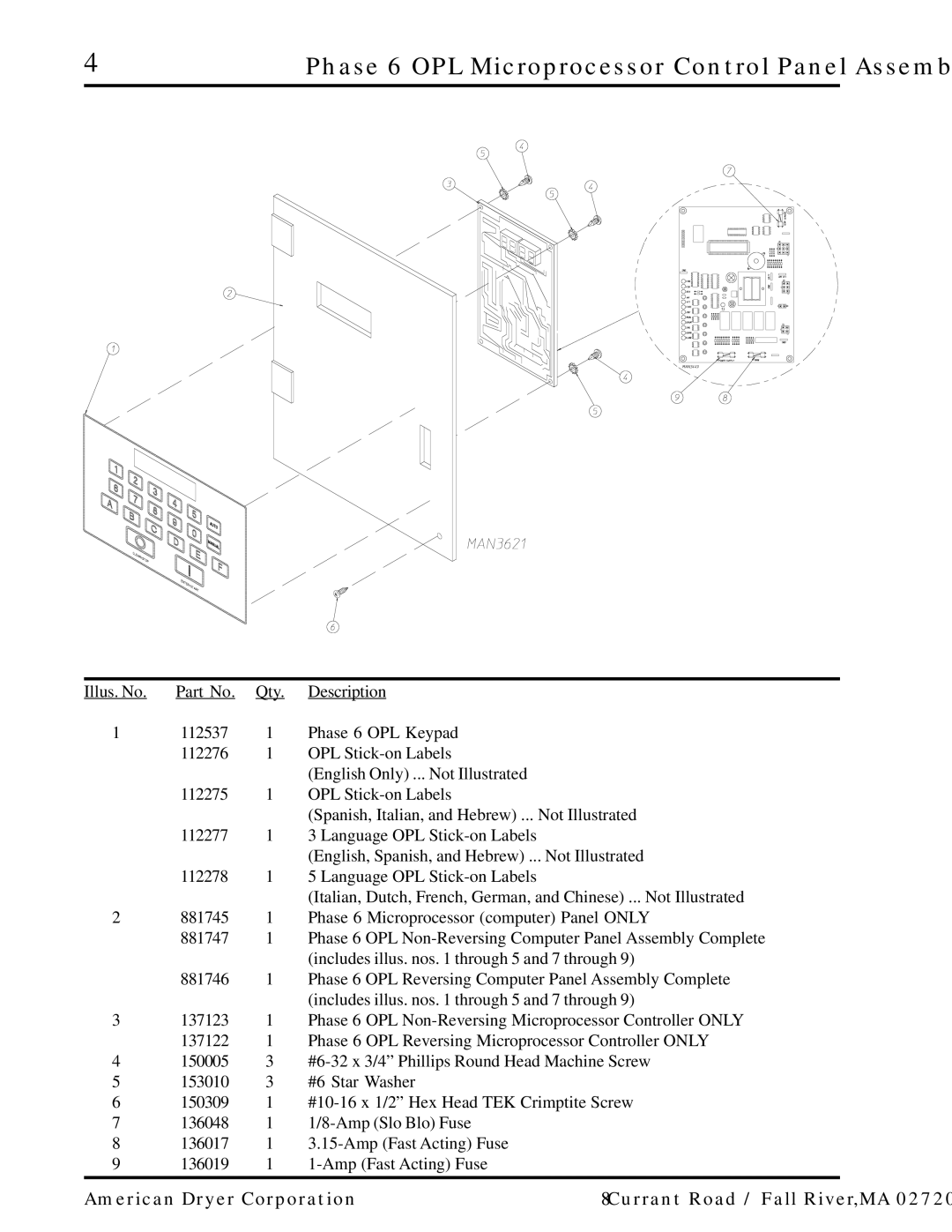 American Dryer Corp ML-55 manual Phase 6 OPL Microprocessor Control Panel Assembly 