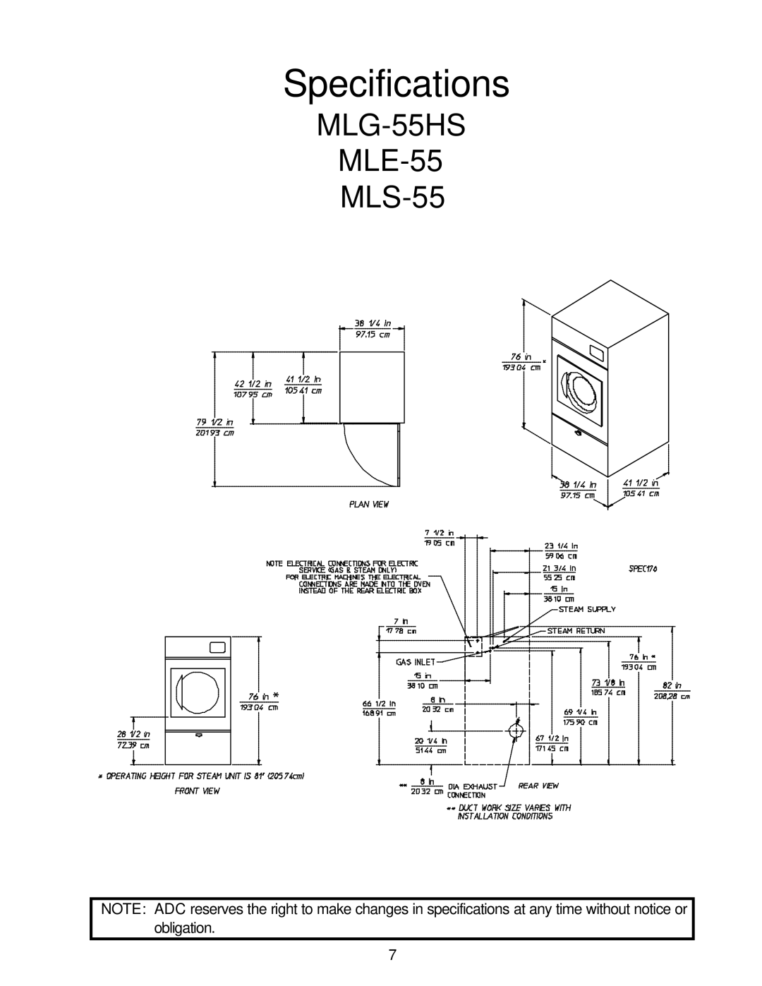 American Dryer Corp ML-55HS installation manual Specifications 