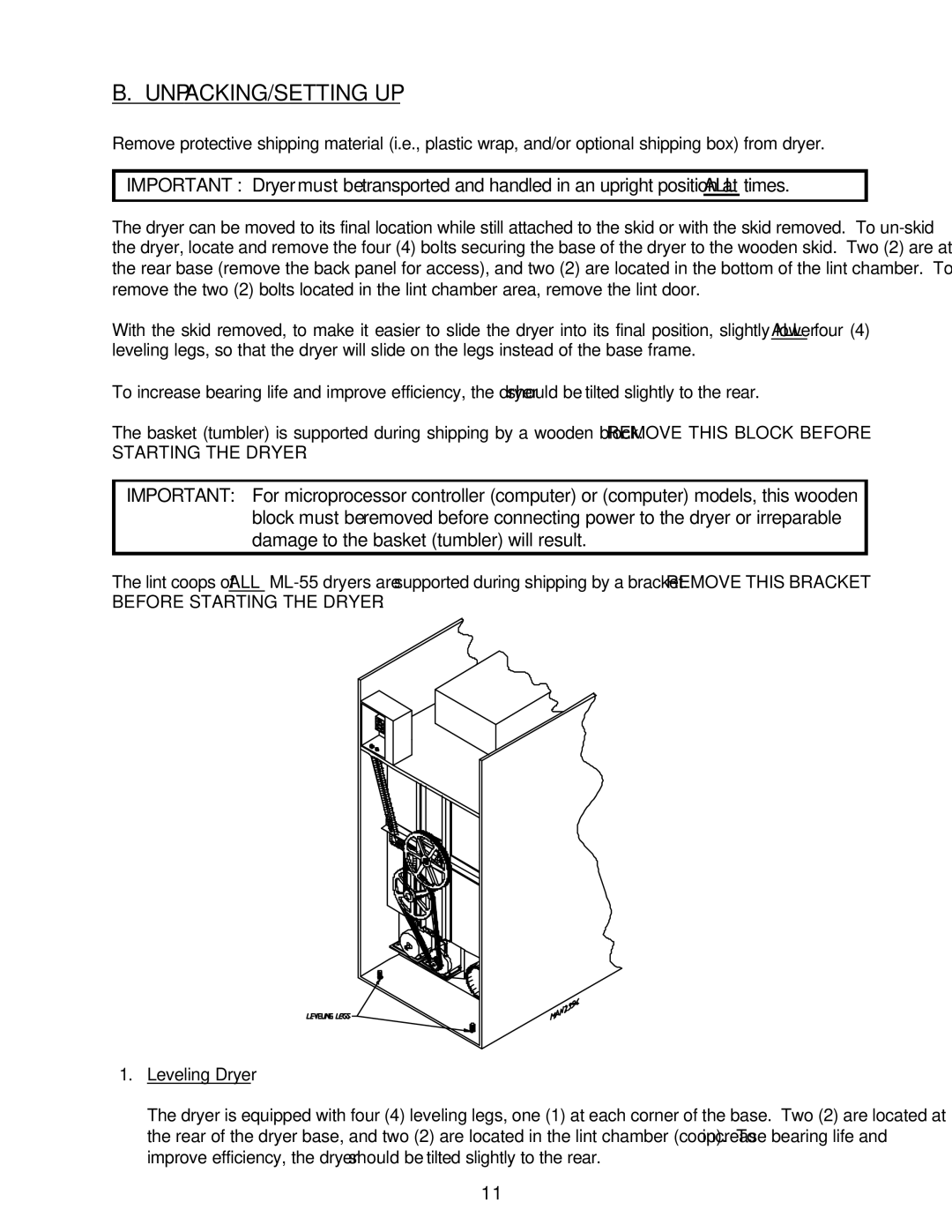 American Dryer Corp ML-55HS installation manual Unpacking/Setting Up 