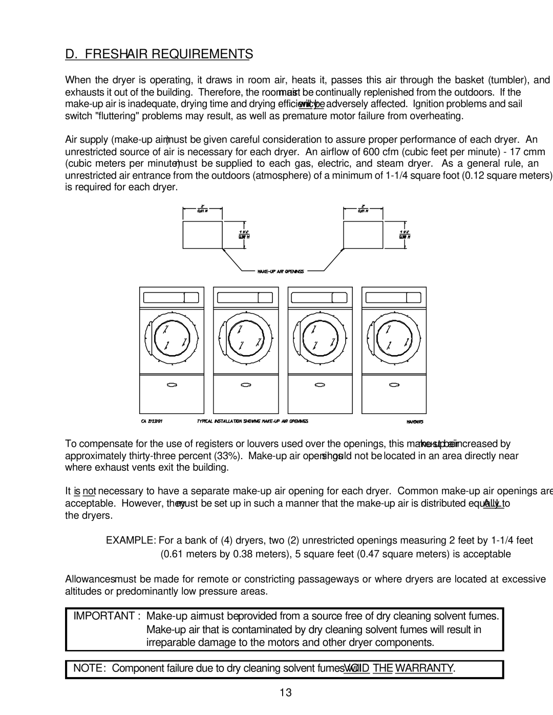 American Dryer Corp ML-55HS installation manual Fresh AIR Requirements 