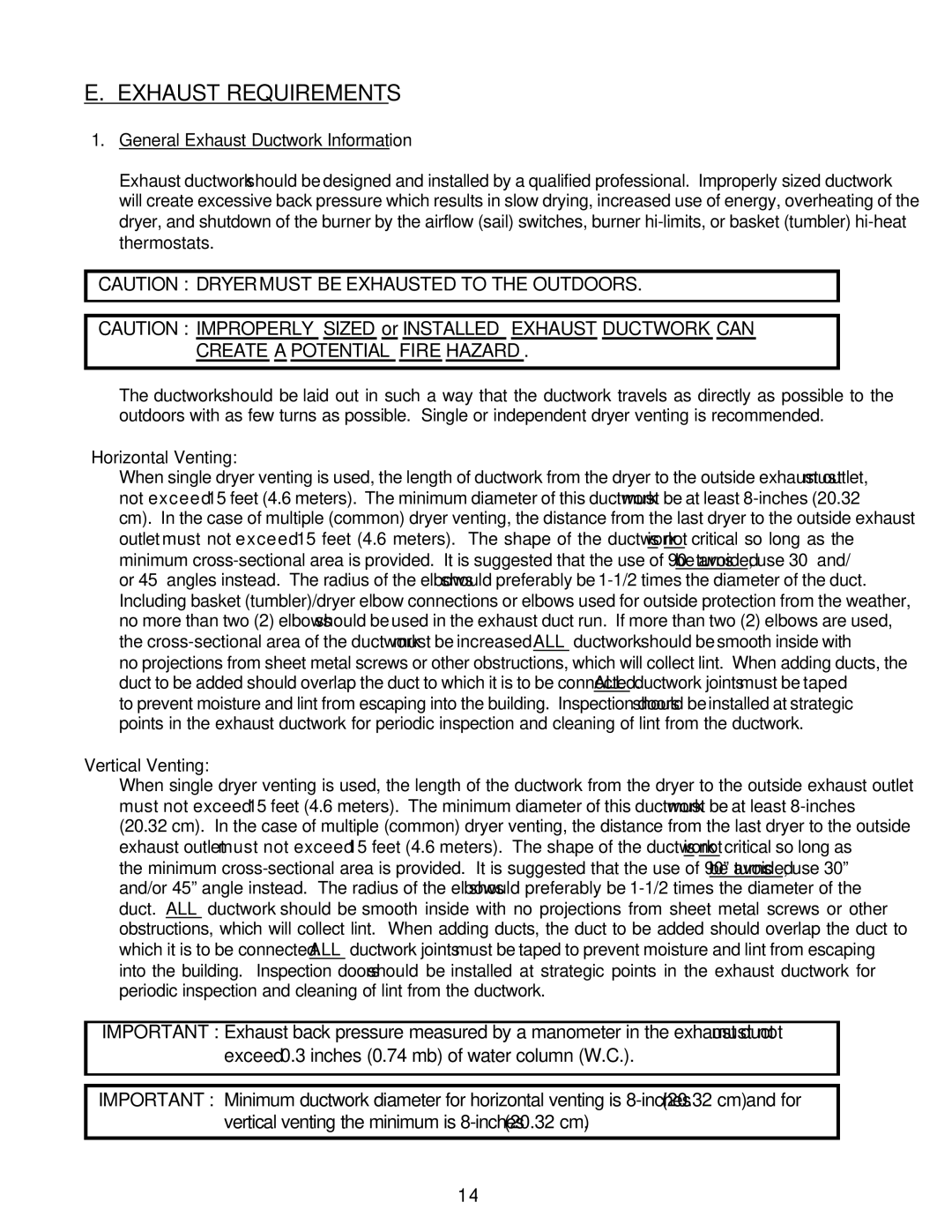 American Dryer Corp ML-55HS installation manual Exhaust Requirements, Create a Potential Fire Hazard 