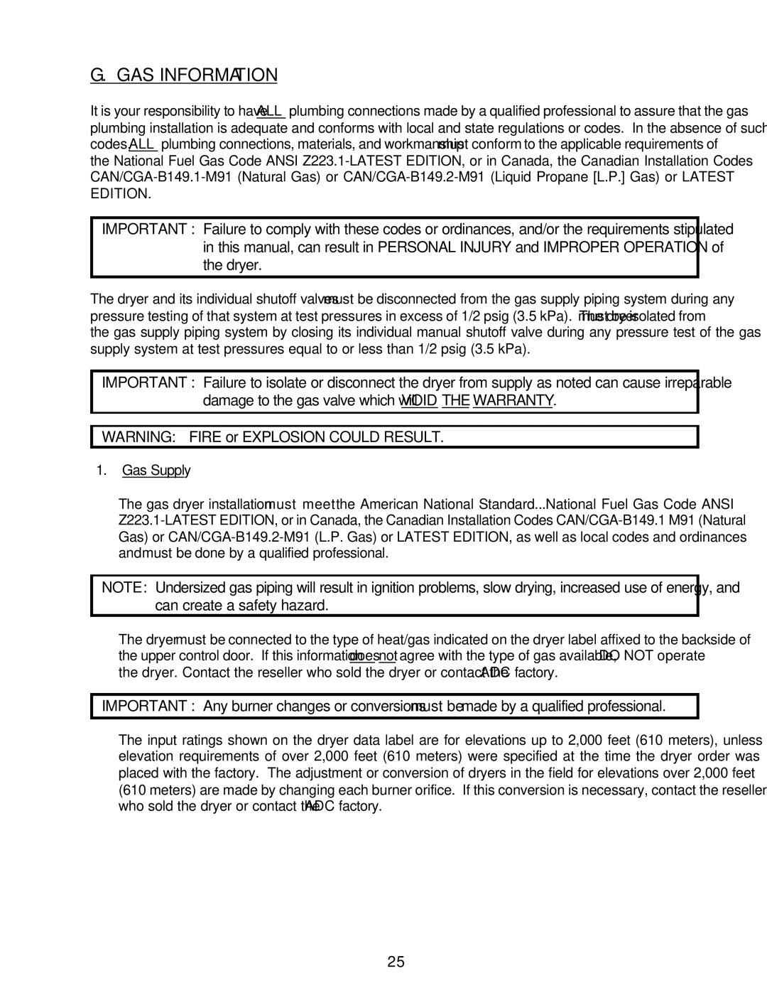 American Dryer Corp ML-55HS installation manual GAS Information 