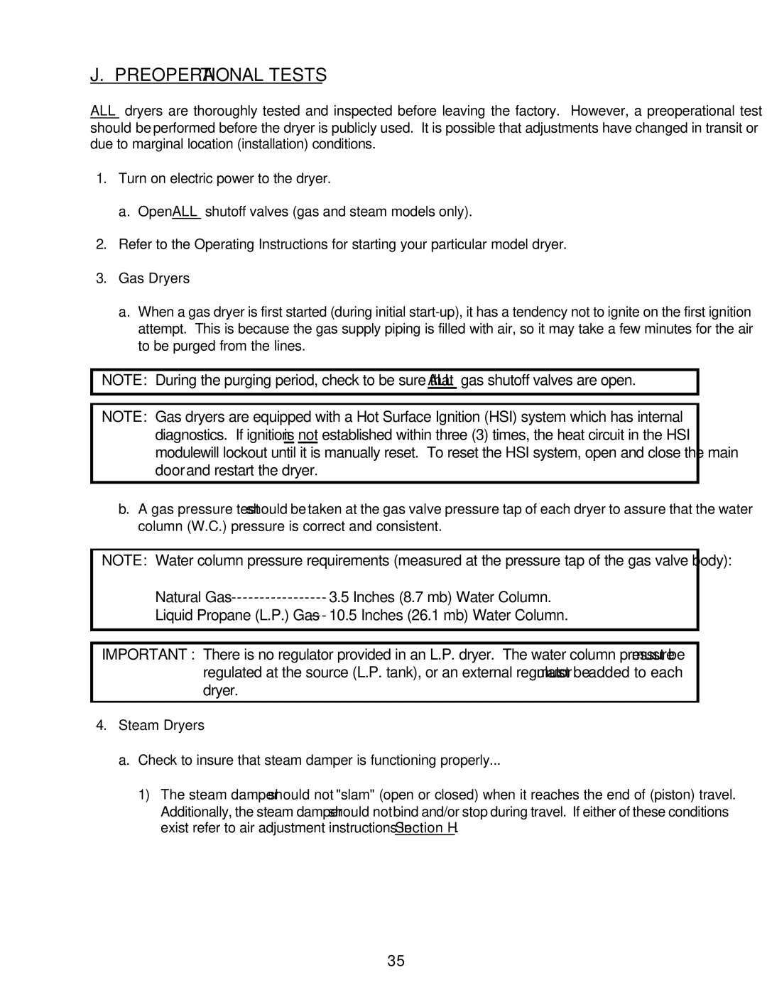 American Dryer Corp ML-55HS installation manual Preoperational Tests 