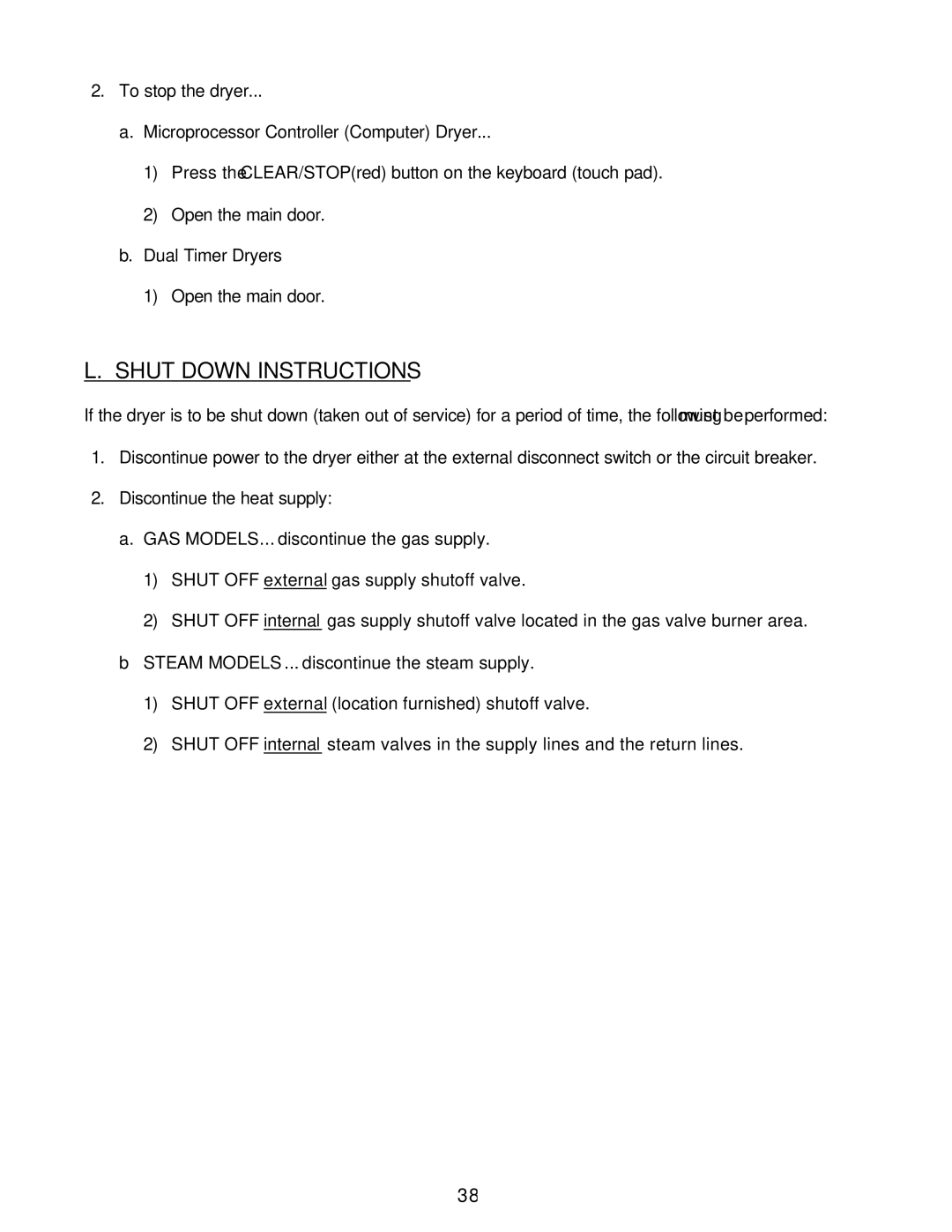 American Dryer Corp ML-55HS installation manual Shut Down Instructions 