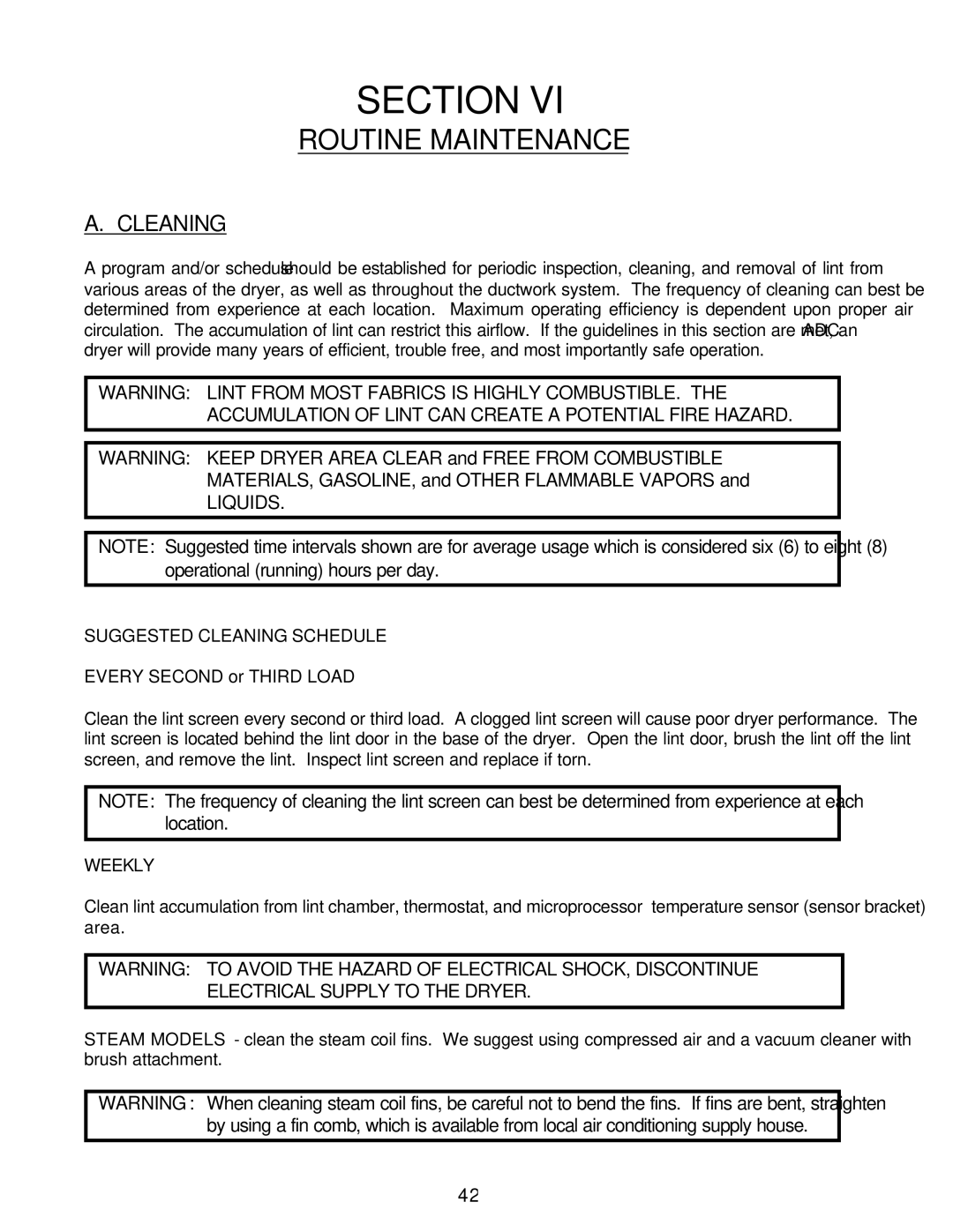 American Dryer Corp ML-55HS installation manual Routine Maintenance, Cleaning 