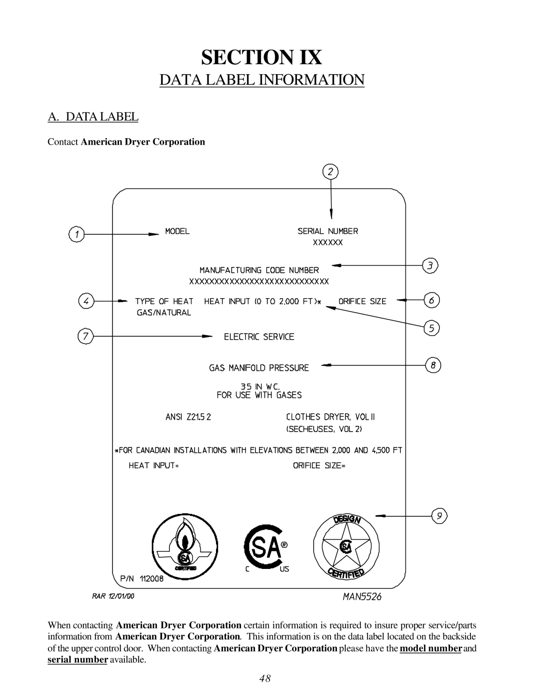 American Dryer Corp ML-55HS installation manual Data Label Information 