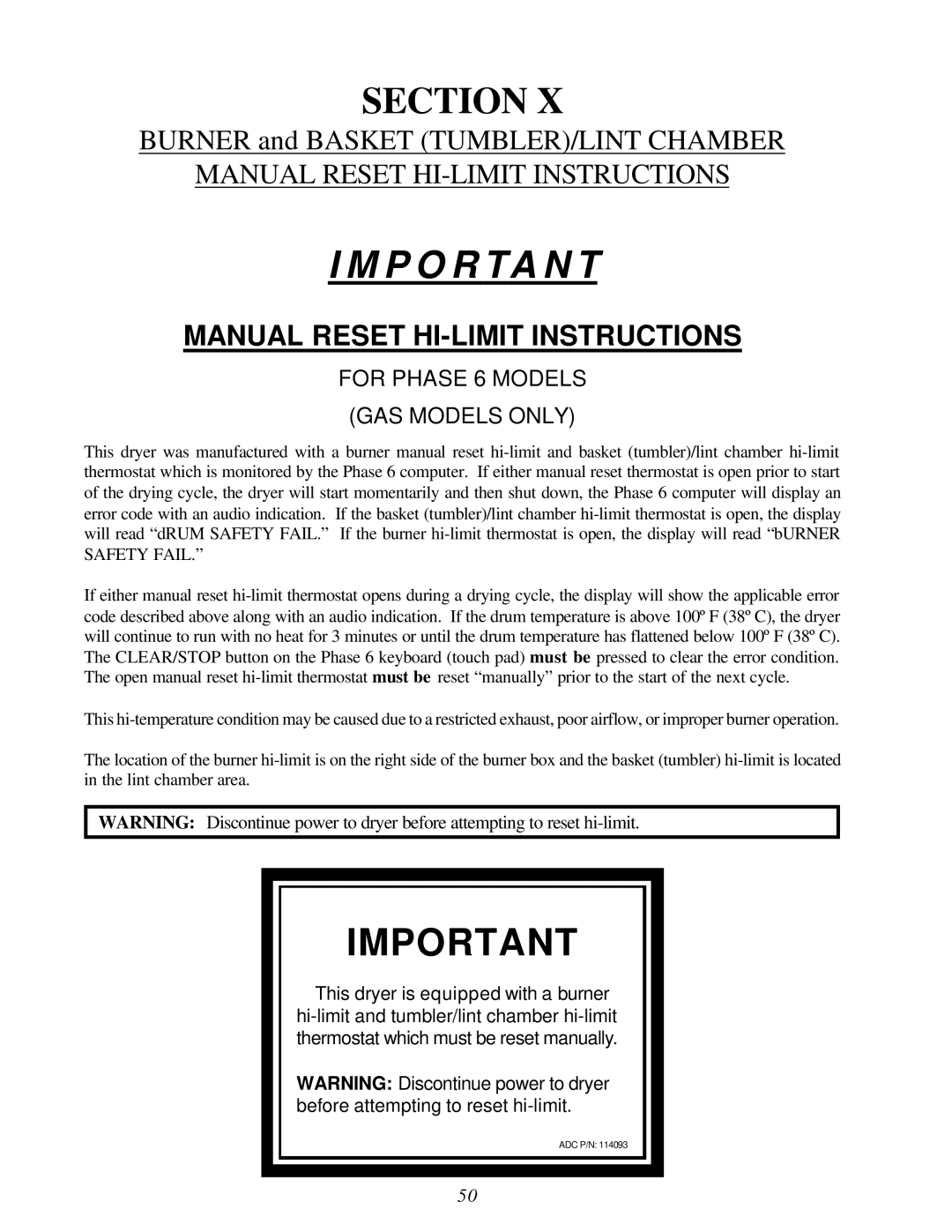 American Dryer Corp ML-55HS installation manual P O R Ta N T, Manual Reset HI-LIMIT Instructions 