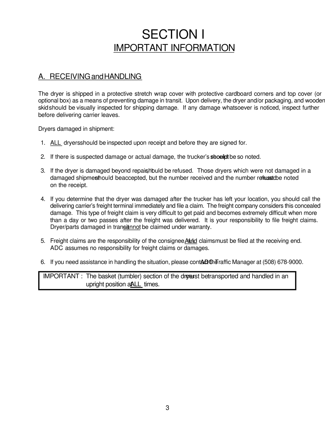 American Dryer Corp ML-55HS installation manual Section, Important Information 