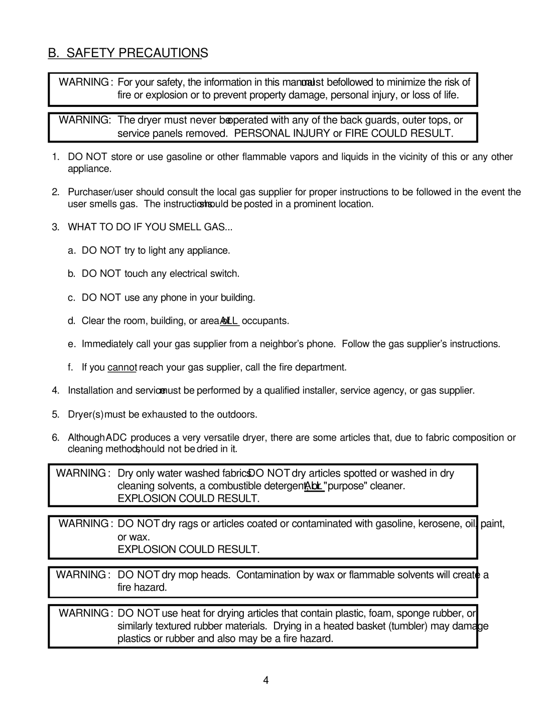 American Dryer Corp ML-55HS installation manual Safety Precautions, What to do if YOU Smell GAS 