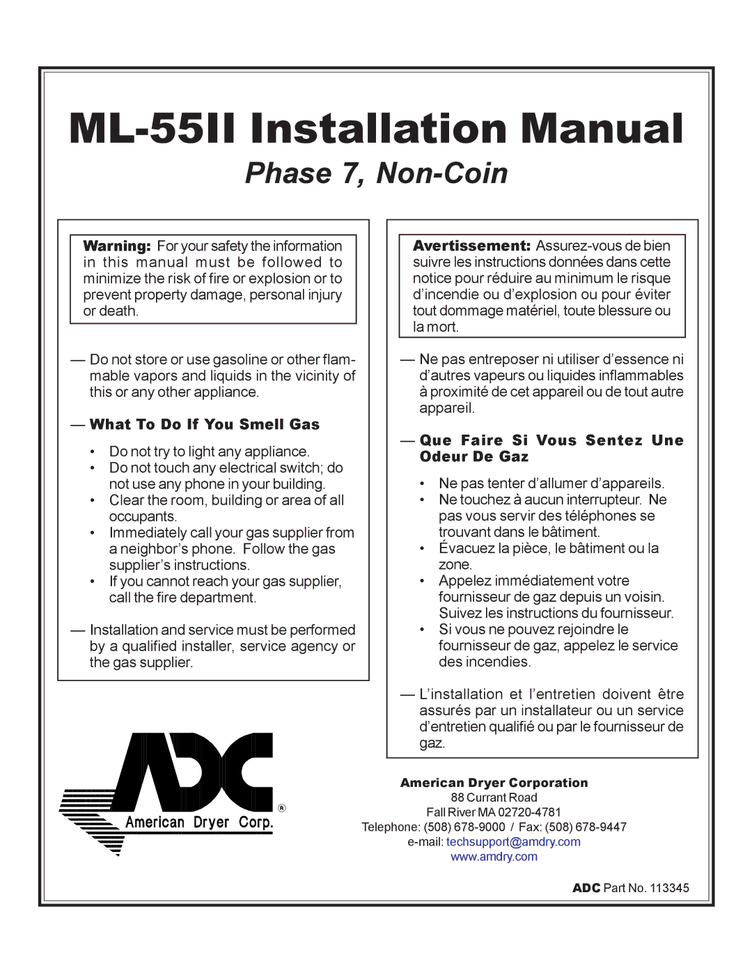 American Dryer Corp installation manual ML-55II Installation Manual 