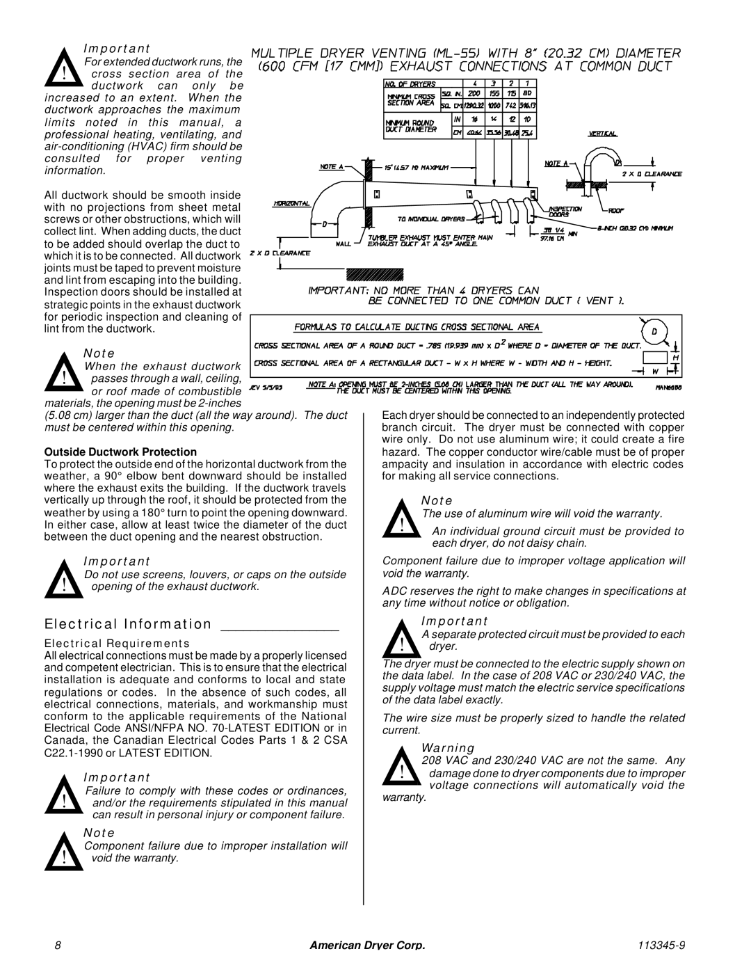 American Dryer Corp ML-55II When the exhaust ductwork, Passes through a wall, ceiling, Or roof made of combustible, Dryer 