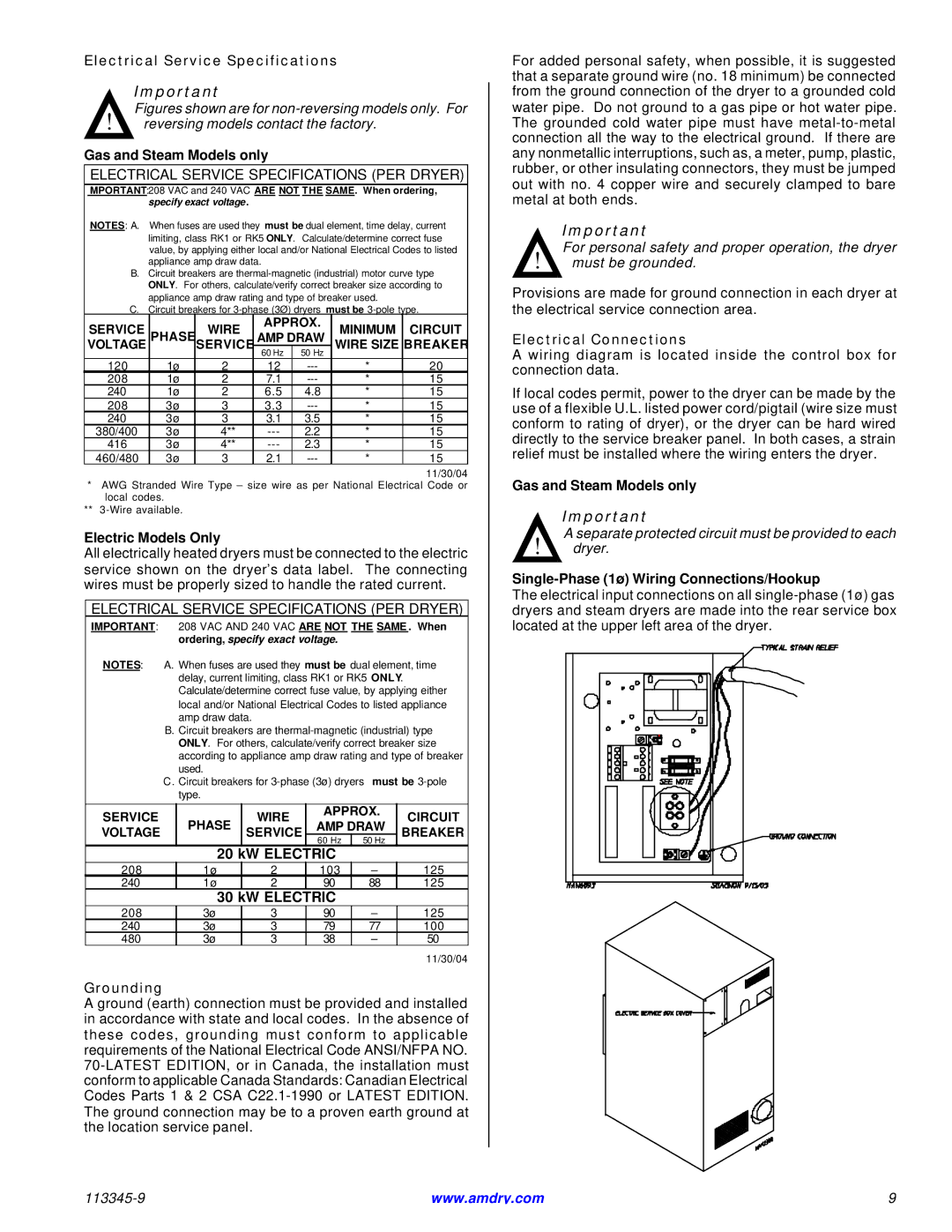 American Dryer Corp ML-55II Electrical Service Specifications, Gas and Steam Models only, Electric Models Only, Grounding 