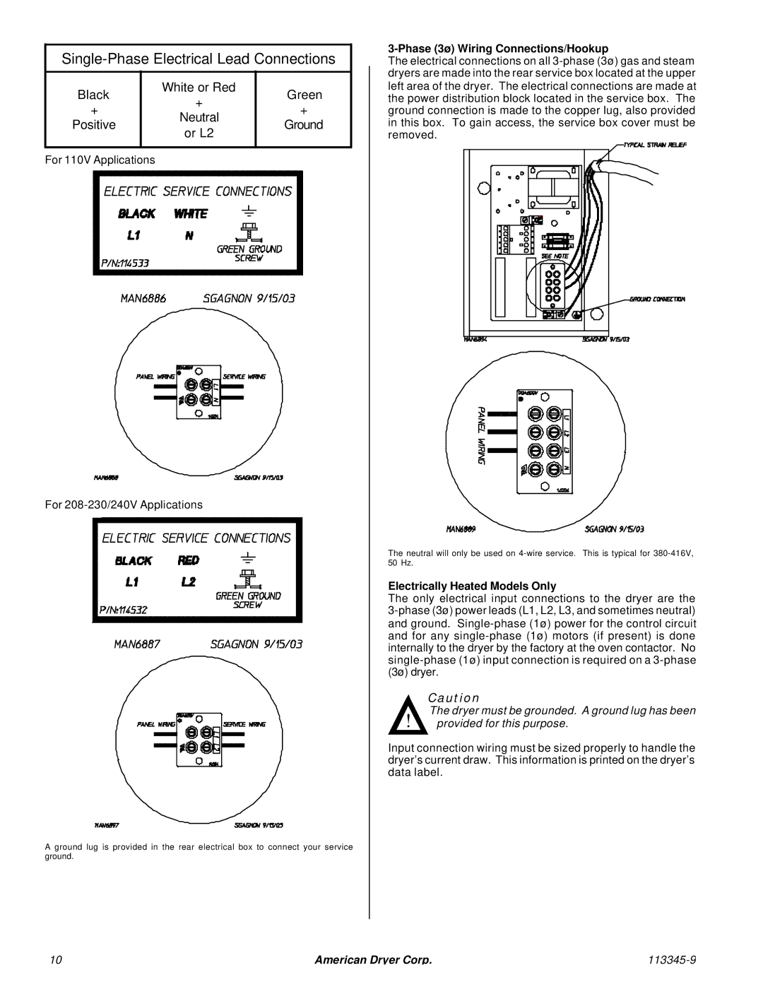 American Dryer Corp ML-55II installation manual Phase 3ø Wiring Connections/Hookup, Electrically Heated Models Only 