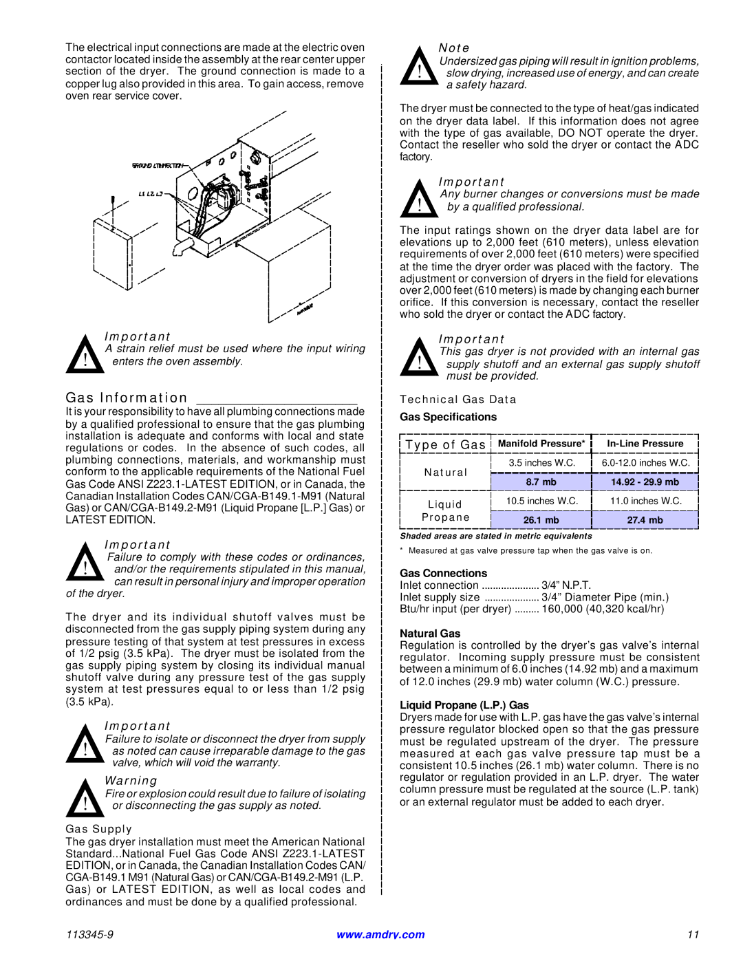 American Dryer Corp ML-55II installation manual Gas Information 