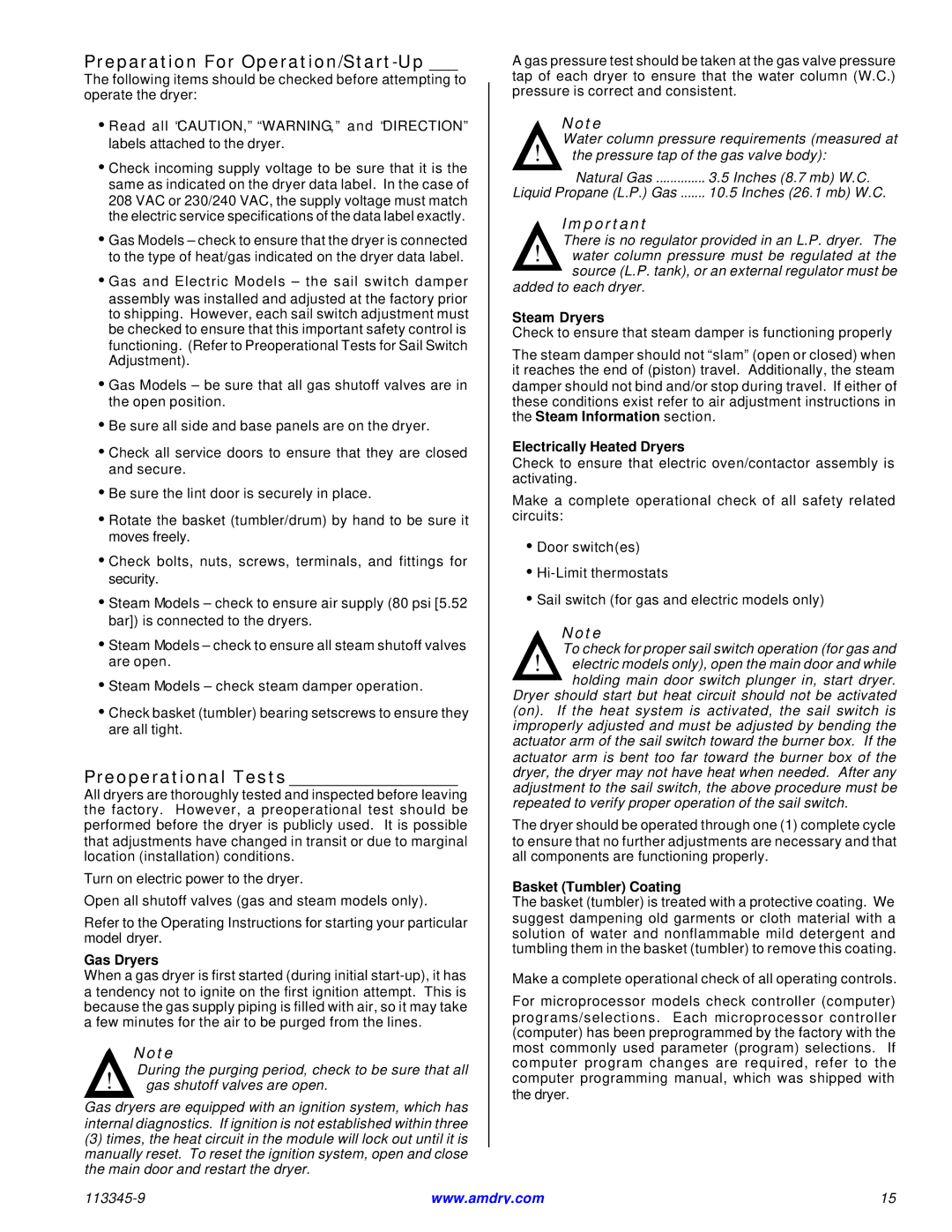 American Dryer Corp ML-55II installation manual Preparation For Operation/Start-Up, Preoperational Tests 