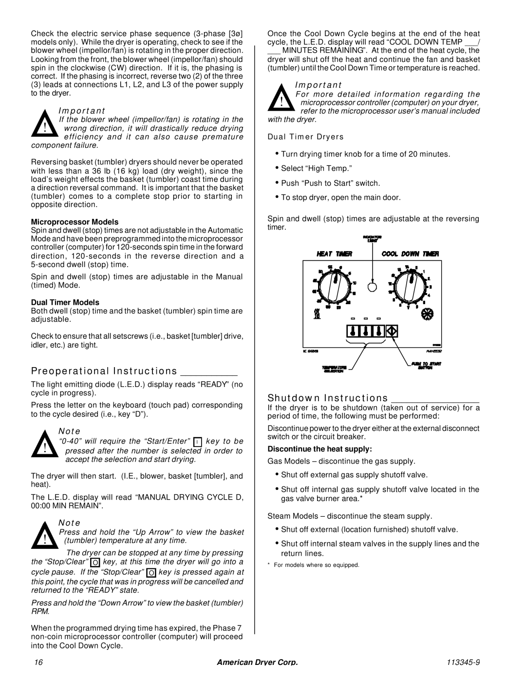 American Dryer Corp ML-55II installation manual Preoperational Instructions, Shutdown Instructions 