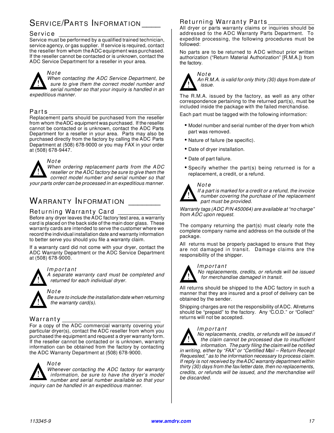 American Dryer Corp ML-55II installation manual SERVICE/PARTS Information, Warranty Information 