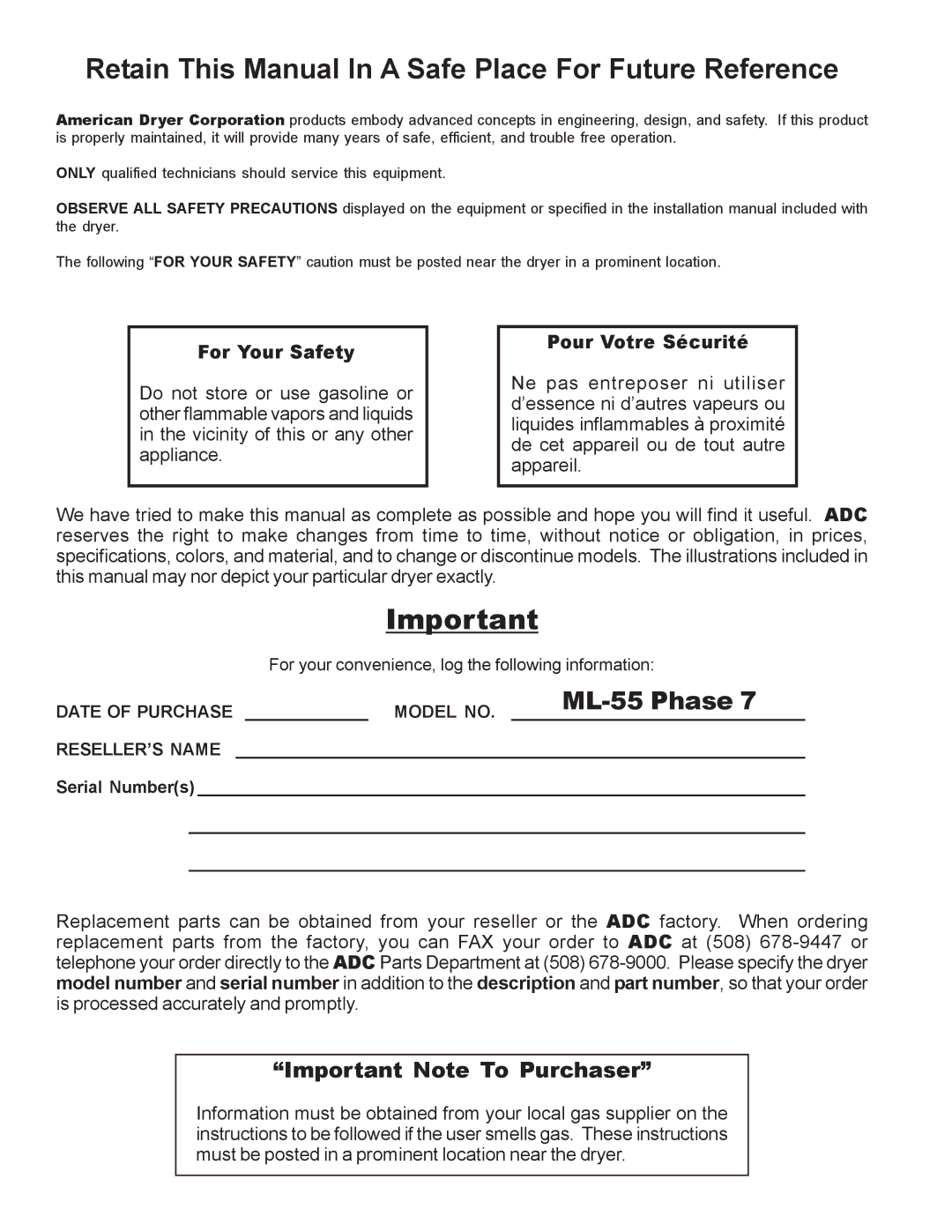 American Dryer Corp ML-55II installation manual Retain This Manual In a Safe Place For Future Reference 