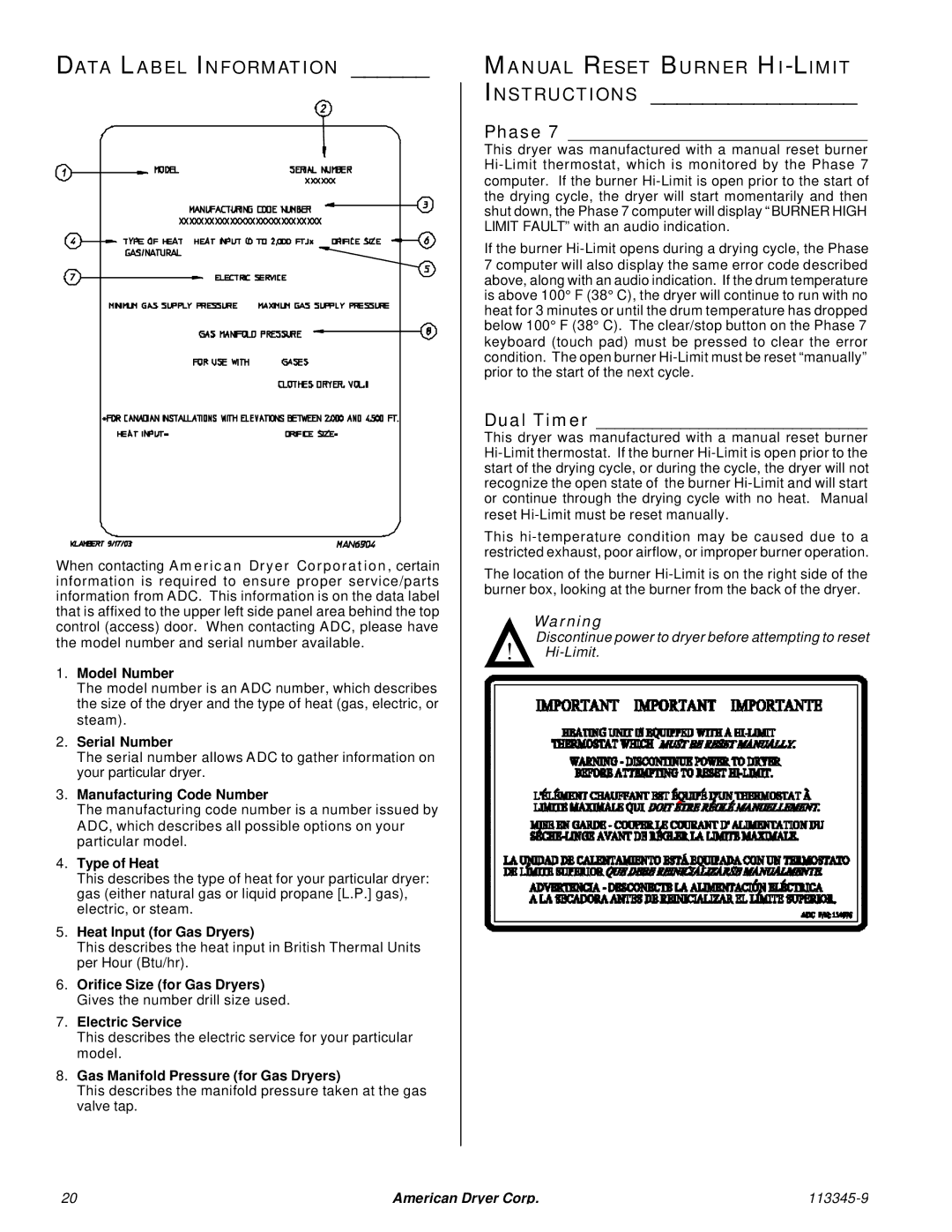 American Dryer Corp ML-55II installation manual Data Label Information, Manual Reset Burner HI-LIMIT, Phase, Dual Timer 