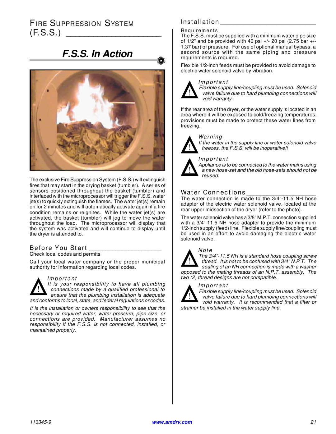 American Dryer Corp ML-55II Fire Suppression System, Before You Start, Installation, Water Connections, Requirements 